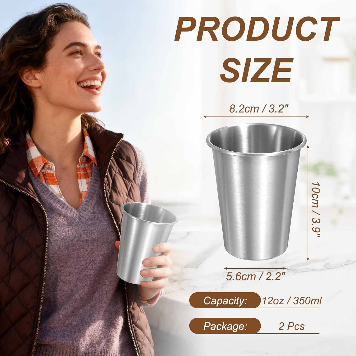 uxcell 2 Pcs Stainless Steel Cups, 12oz/350ml Metal Cups Double Wall Tumbler Insulated Portable Stackable Drinking Tumblers for Home Restaurant Outdoor Travel Camping, Silver image 2