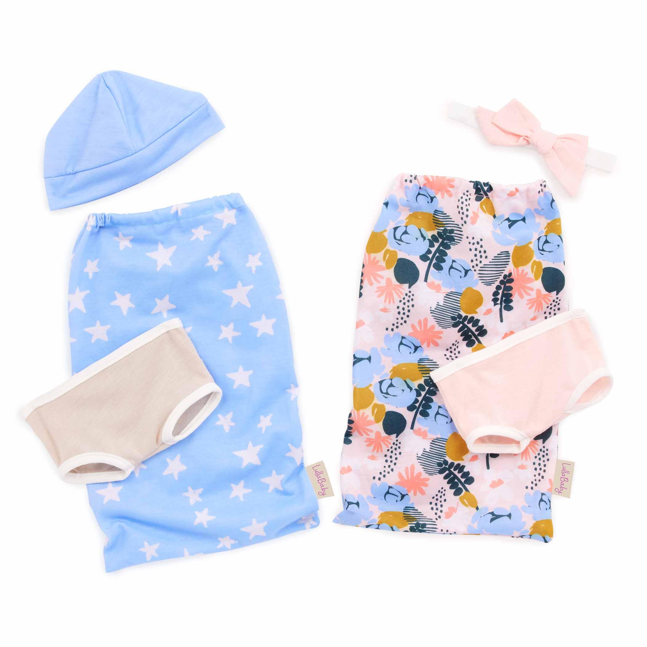 LullaBaby - Ensemble de poupées et gigoteuses Jumelles - garçon et Fille - Poupées Jumelles réalistes de 36 cm - Teint Claire et Yeux Bruns - Emmaillotements étoilés et Floraux - 2 Ans et +