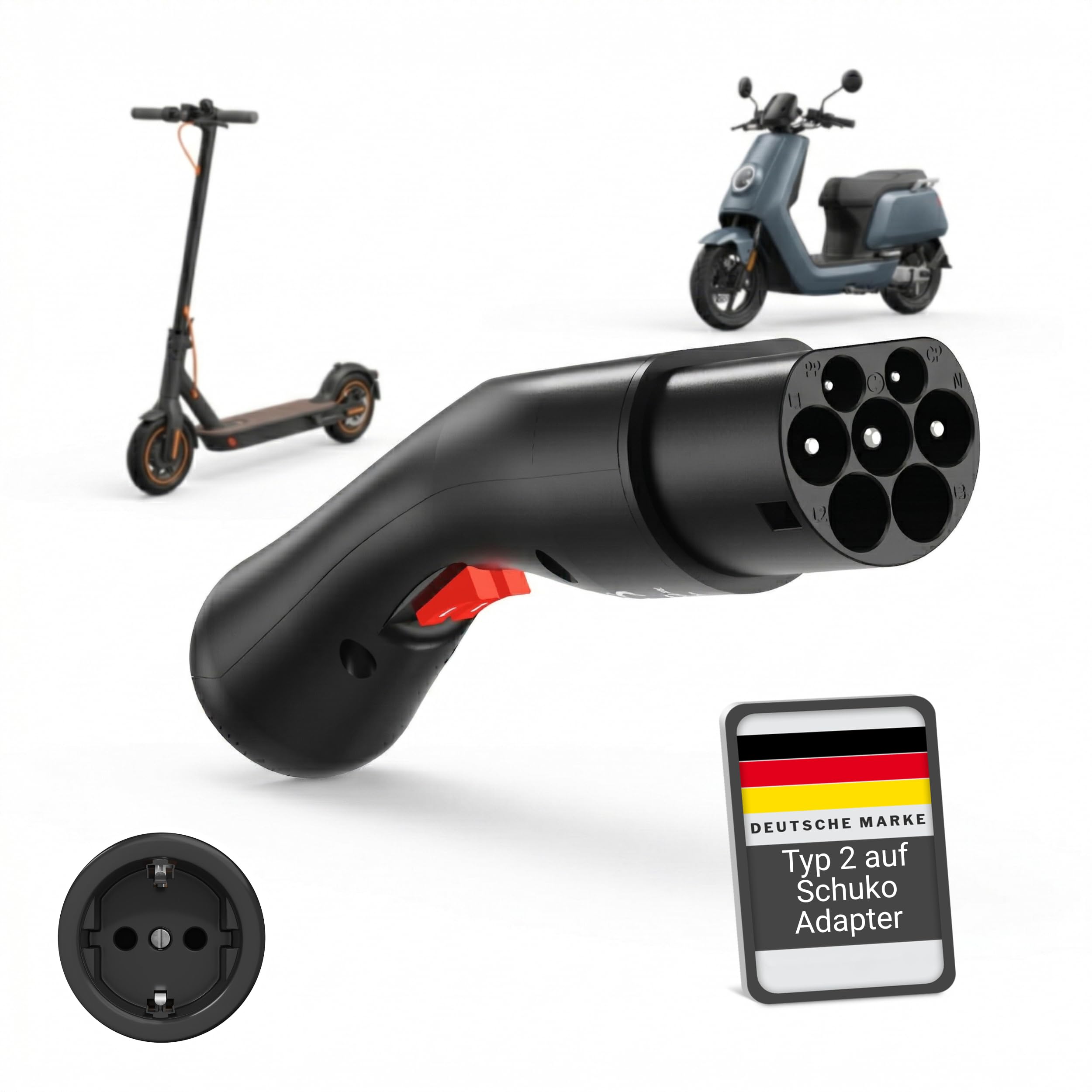 Typ 2 auf Schuko Adapter mit Entriegelung für Ladesäule 16A 3,7kW - Kein Steckenbleiben dank Start- und Stopp-Schalter für E-Bike, E-Scooter, Motorrad