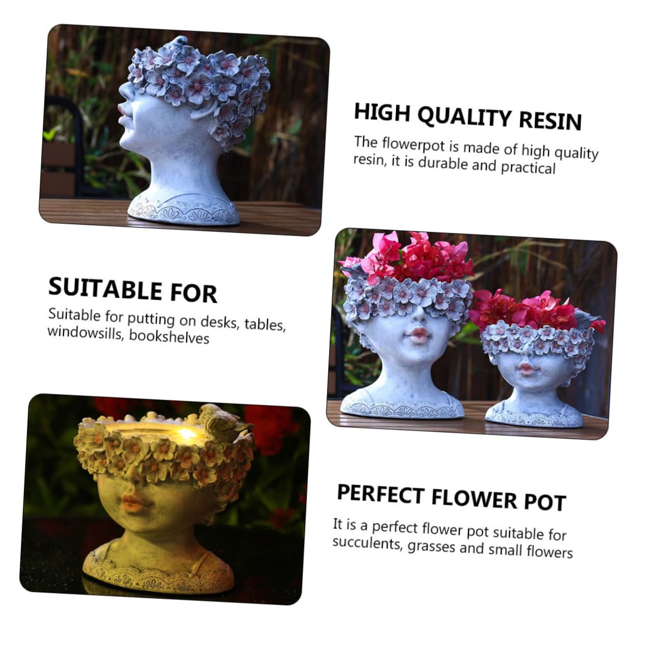 Toyvian Pot de Fleurs Solaire Visage de Jeune Fille pour Jardin et Balcon, Pot en Résine Gris Moyen, Décoration Extérieure Lumineuse et Créative, Ornement Artistique Moderne