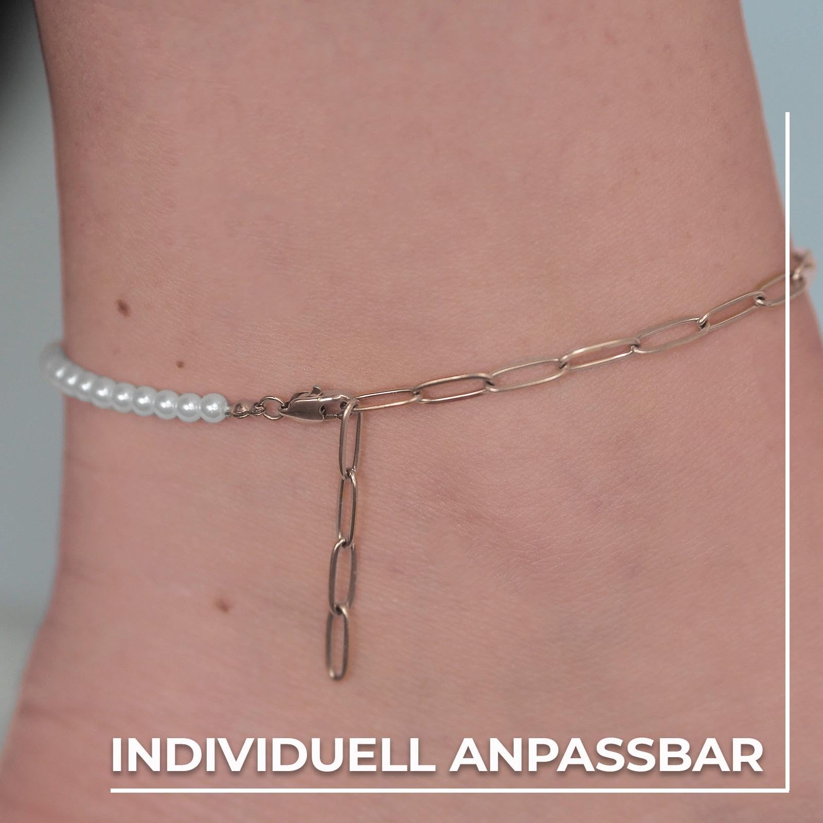 Amoonìc Fußkettchen für Damen aus Edelstahl mit Perlen Gold & Silber - Wasserfest & Verstellbar Zierliche Fußkette Sommer Schmuck Hautverträglich & Nickelfrei Fussketten für Frauen Geschenk Gravur