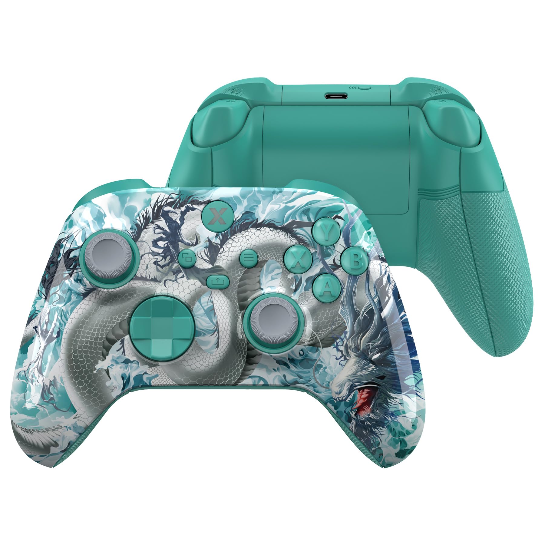 eXtremeRate Coque pour Xbox Series X/S Manette avec Bouton Complète & Grip Antidérapant en Caoutchoutée & Gâchette,ASR Version Coque Plaque Avant & Arrière pour Xbox Core Controller,Dragon de Jade