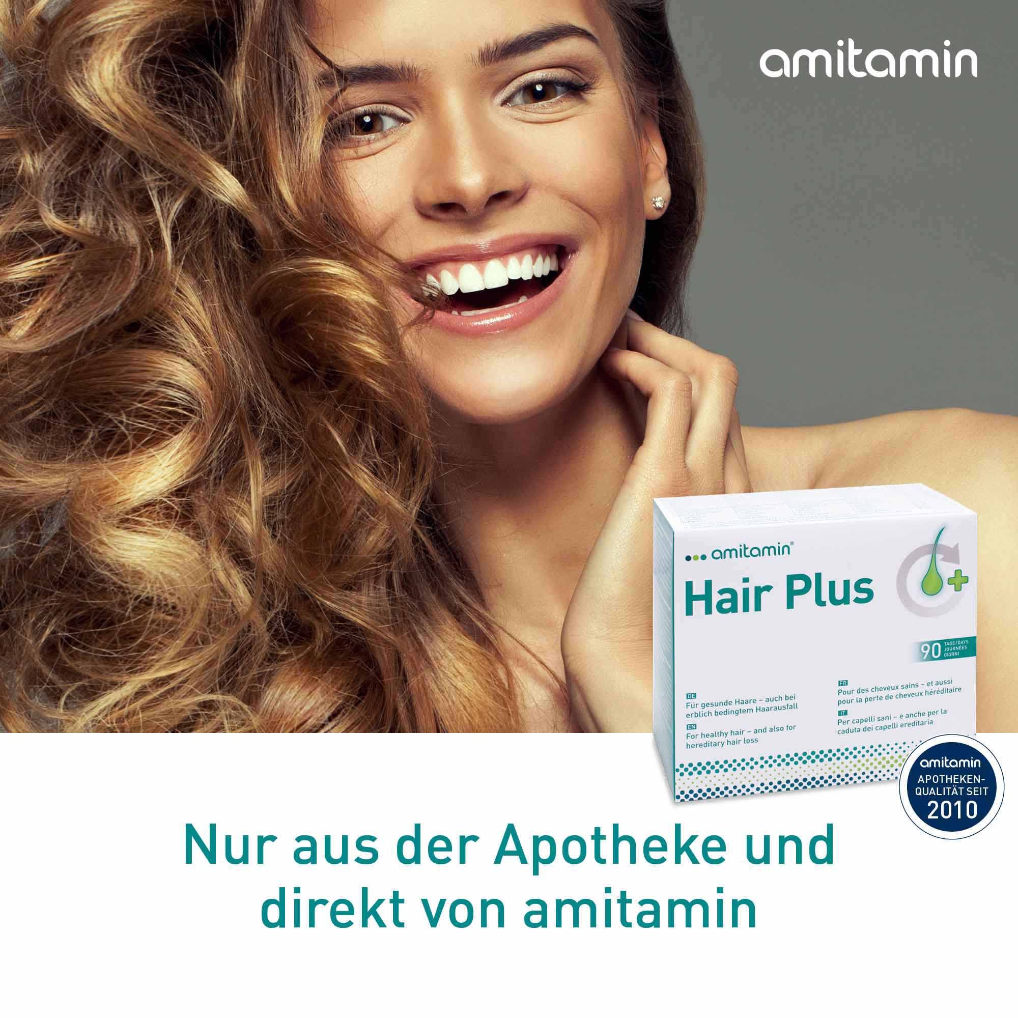amitamin© Hair Plus Haar Vitamine | 180 Komplex Kapseln 3 Monate hochdosiert | Zink, Kupfer, Biotin, Selen, Folsäure plus 16 wichtige Nährstoffe | auch gegen erblichen Haarausfall | vegan |