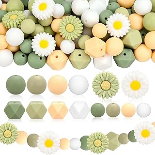 Whaline 100 Pcs Daisy Flower Silicone Beads Sage Green White Spring Floral Round Hexagon Loose Rubber Beads for DIY Crafts Jewelry Necklace Bracelet Keychain Making