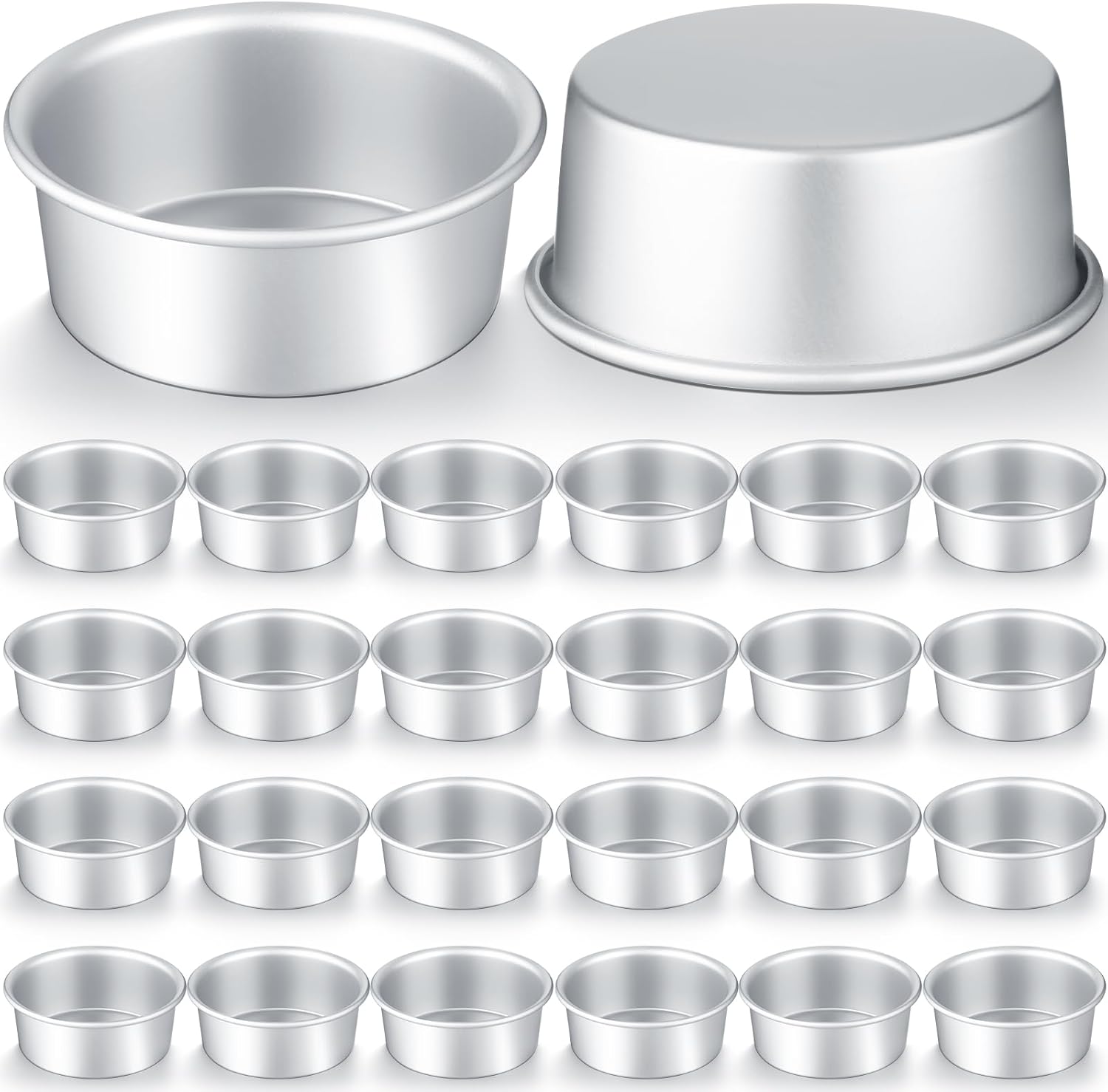 Domensi 24 Pcs Small 4 Inch Cake Pan Aluminum Mini Round Cake Baking Pans Round Tins Set with 100 Pcs Parchment Paper Rounds Non Toxic Healthy Leakproof Simple Clean Mirror Finish Dishwasher Safe