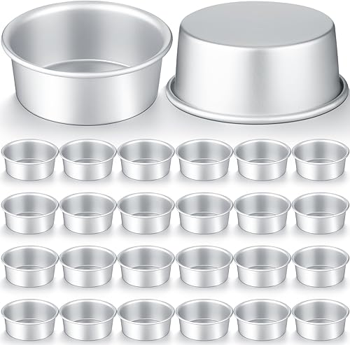 Domensi Juego de 24 moldes pequeños de aluminio de 4 pulgadas para hornear pasteles redondos con 100 piezas de papel pergamino, no tóxico,
