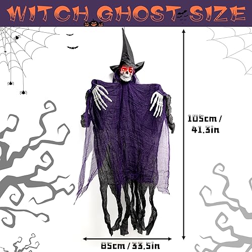 Miniatura 3 de Decoración de Halloween, fantasma de esqueleto de bruja colgante, 41.3 pulgadas con ojos brillantes, decoraciones de Halloween para exteriores,