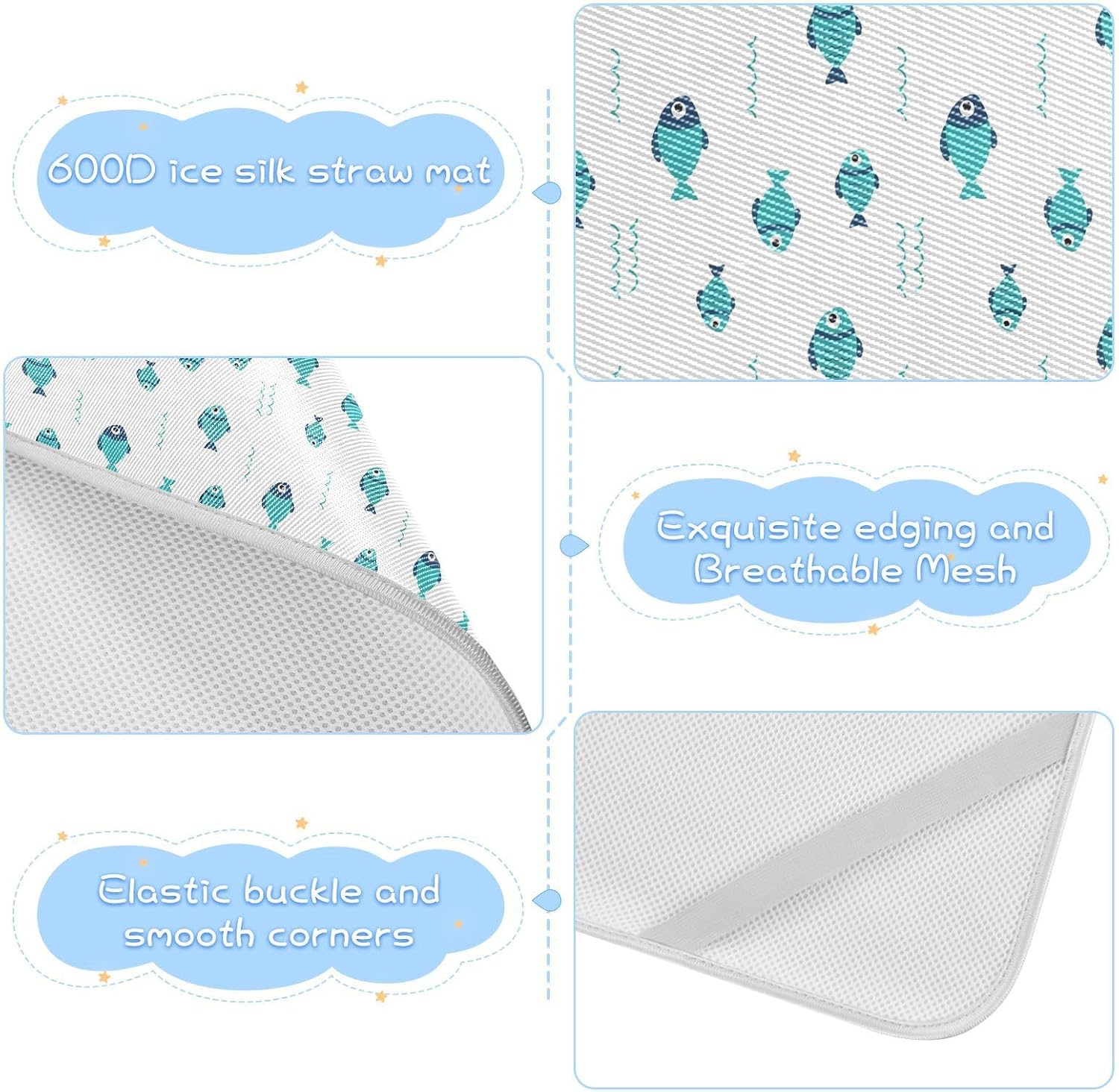 Baby Cooling Mat Cartoon Fish Pattern Ice Silk Breathable Mesh Summer Crib Mattress Pad with Pillowcase, Soft Cooling Sleeping Surface for Infant & Toddler, 52"x28"