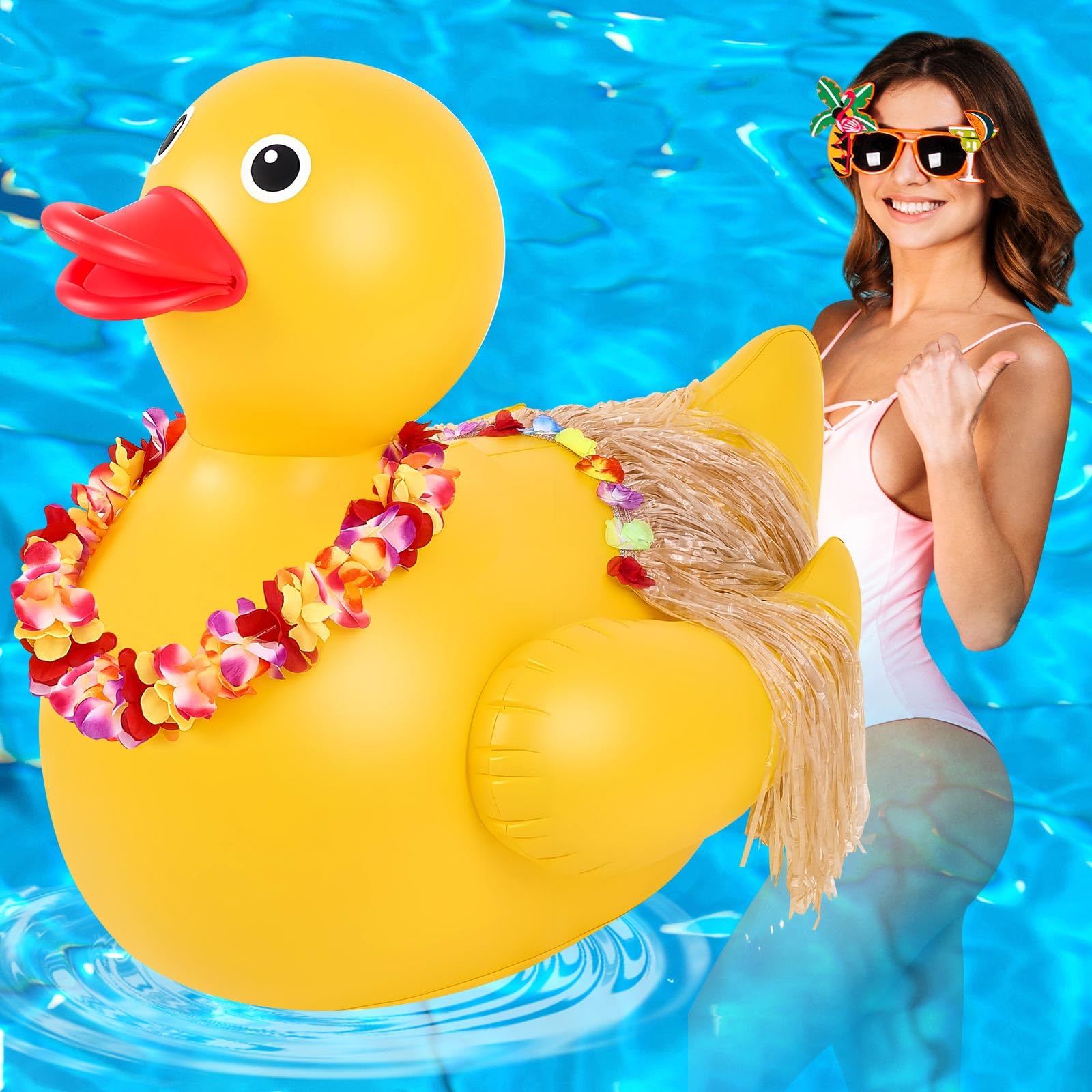 Hungdao Pato gigante de goma de 4 pies con falda de hierba Luau para fiesta, falda de hierba hawaiana, flotador inflable para pisc