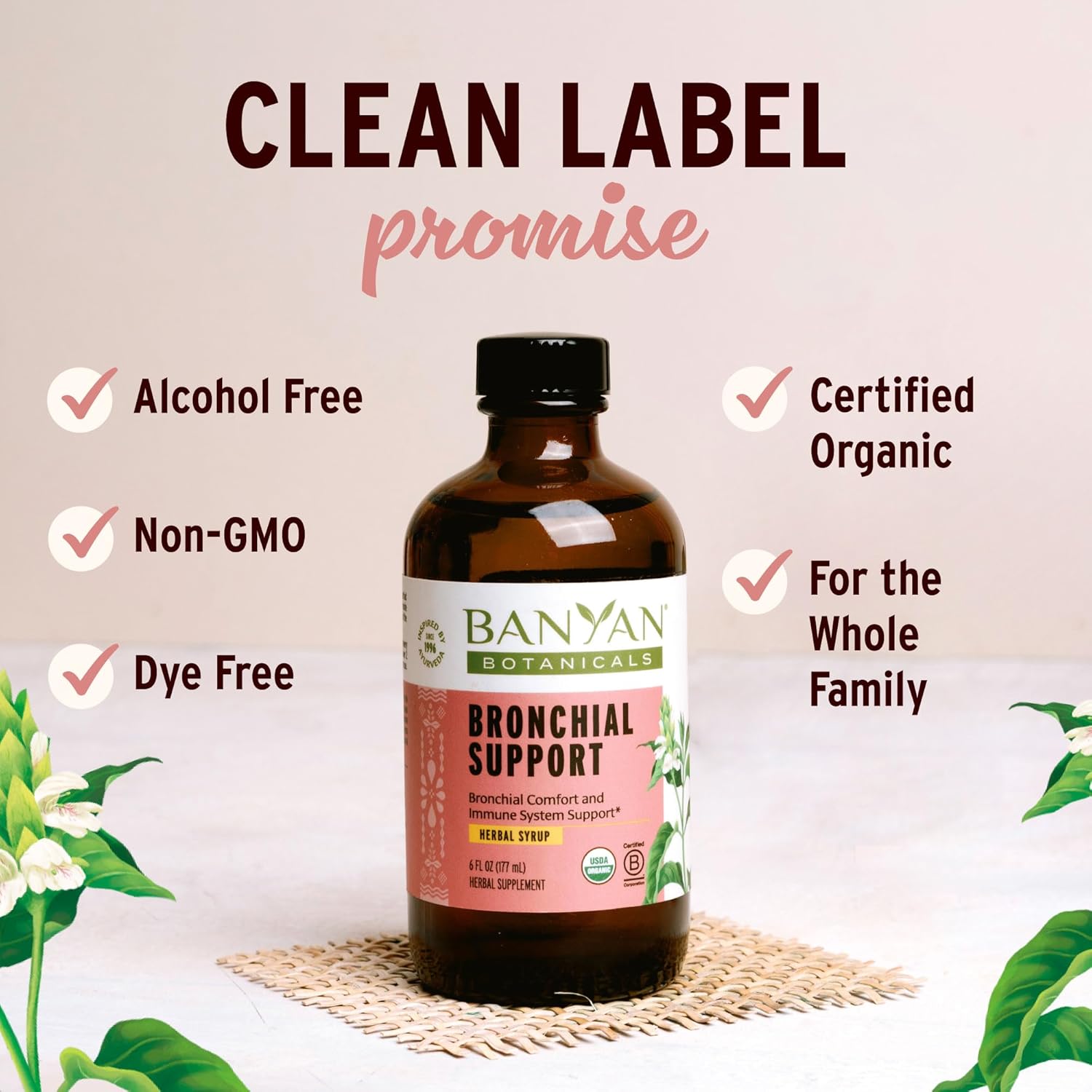 Banyan Botanicals Organic Bronchial Support Syrup – Kid-Friendly Chest & Lung Support – Soothing Herbal Cough & Throat Syrup with Tulsi, Licorice & Ginger – Alcohol-Free & Non-GMO – 6oz*