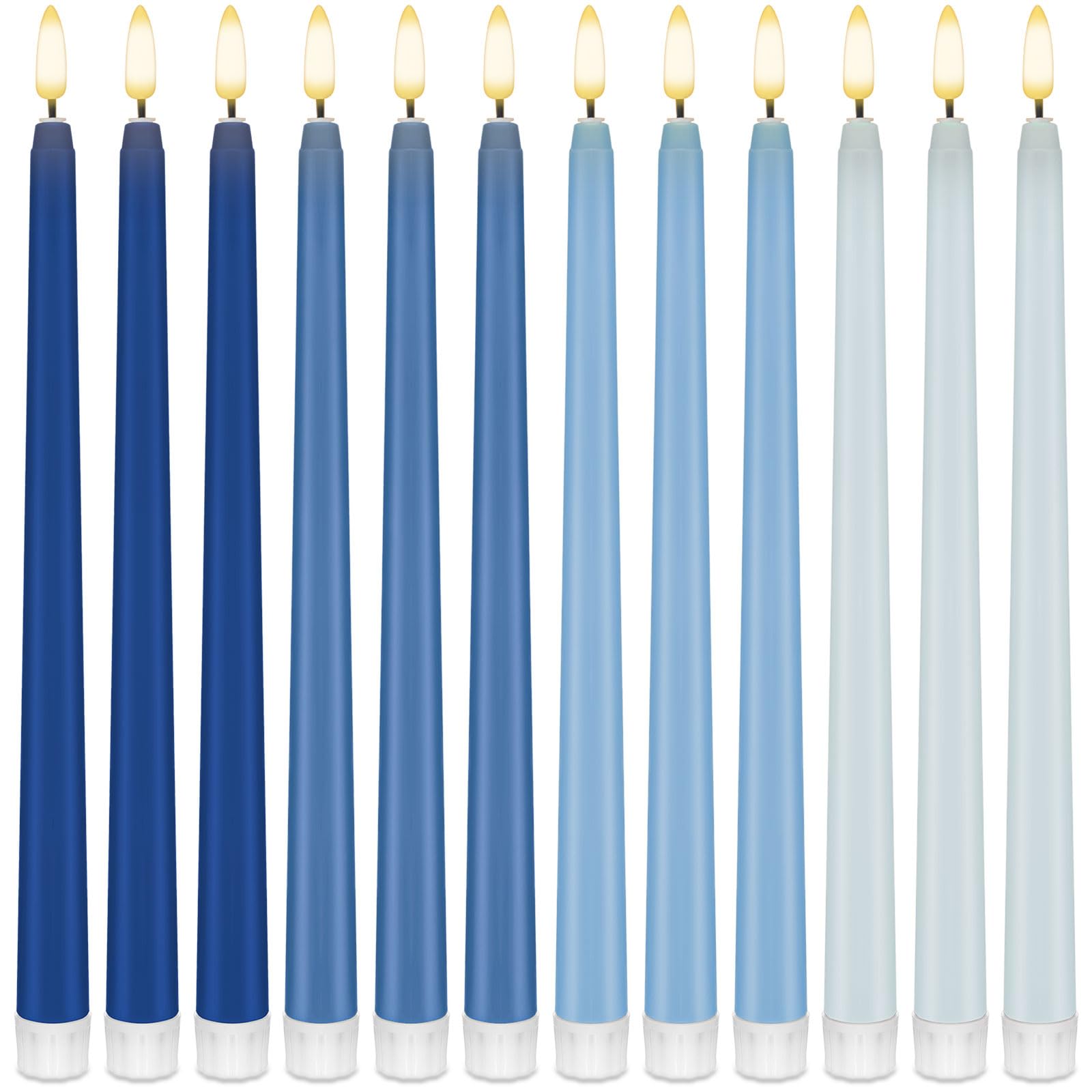 Baquler Lot de 12 bougies coniques sans flamme bleues de 27,9 cm à piles LED en plastique dégradé pour mariage, église, dîner, maison, fête de Noël