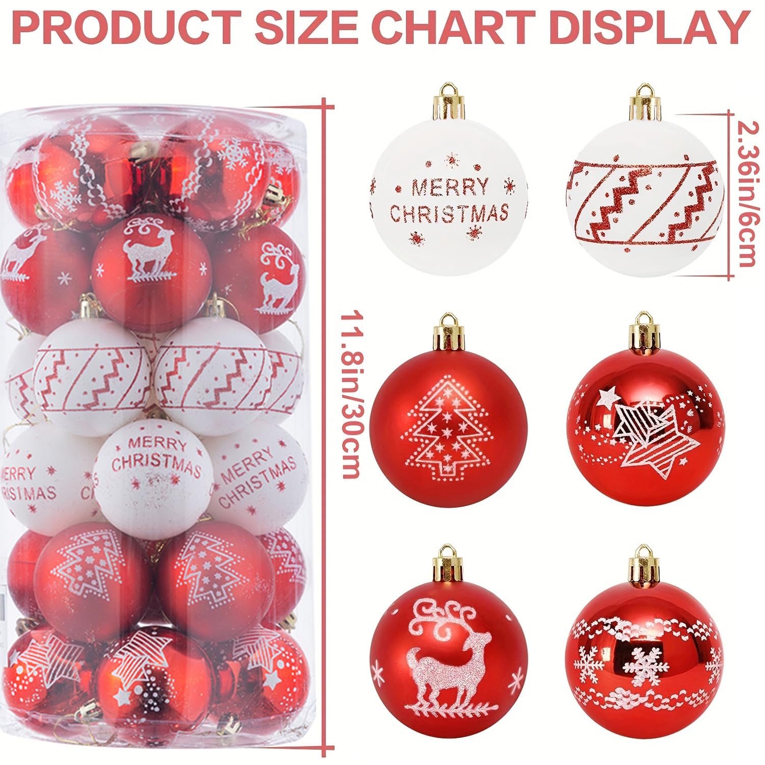 Azalon Red White Ornaments for Christmas Tree, 6cm/2.36in Shatterproof Christmas Balls, Plastic Hanging Xmas Tree Decoration(Red White 30ct)
