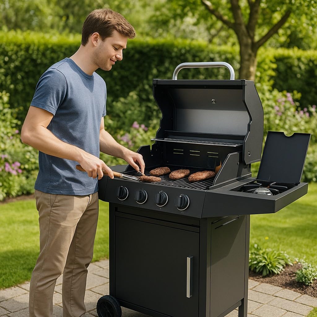 Barbecue a Gas Montana Ambra Garden 3 Fuochi + 1 Fornello Laterale Grigia Acciaio Smaltato 13,3 kW Butano/Propano