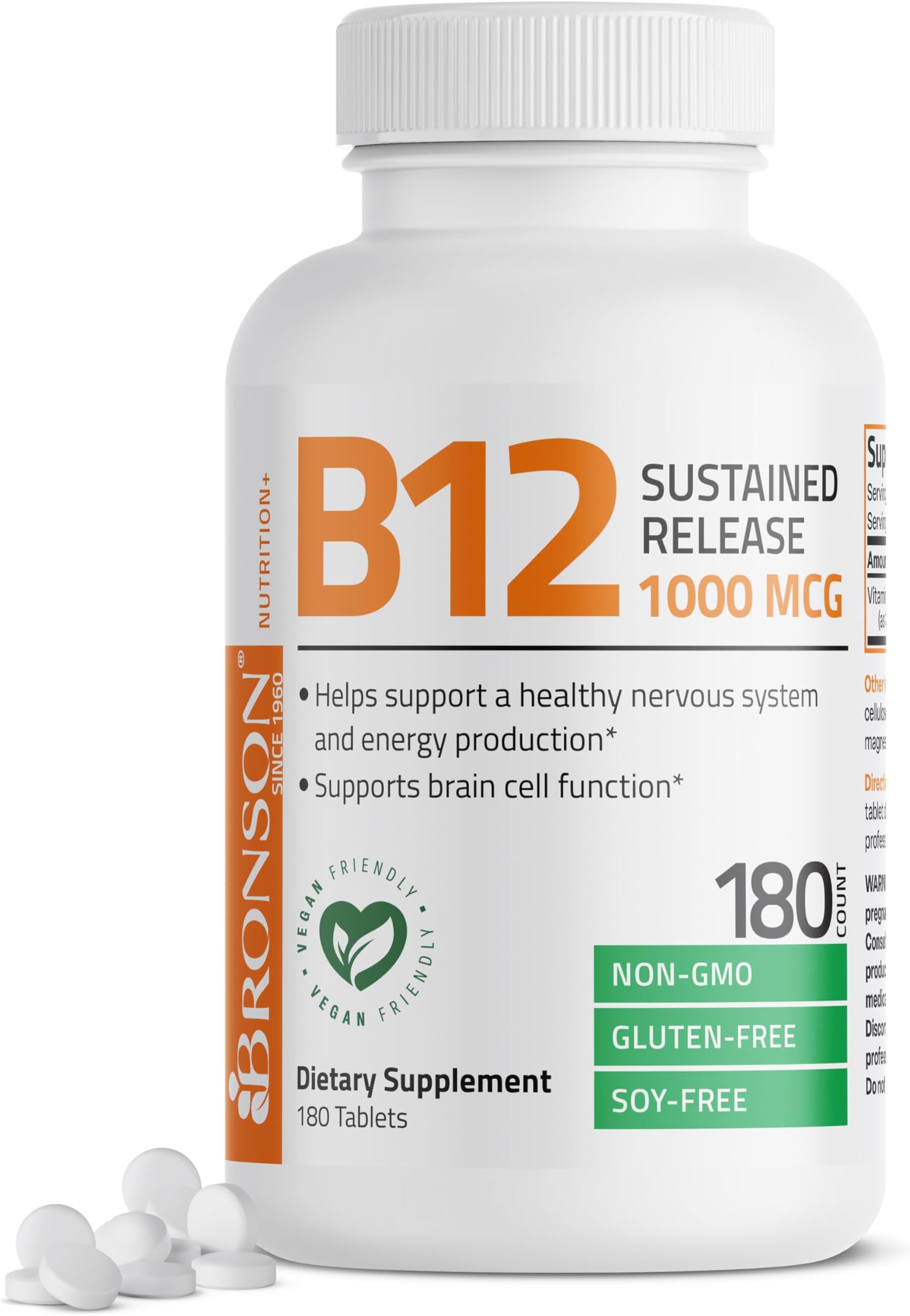 Vitamin B12 1000 mcg Sustained Release Premium Non GMO Tablets Supports Nervous System, Healthy Brain Function and Energy Production, 180 Tablets