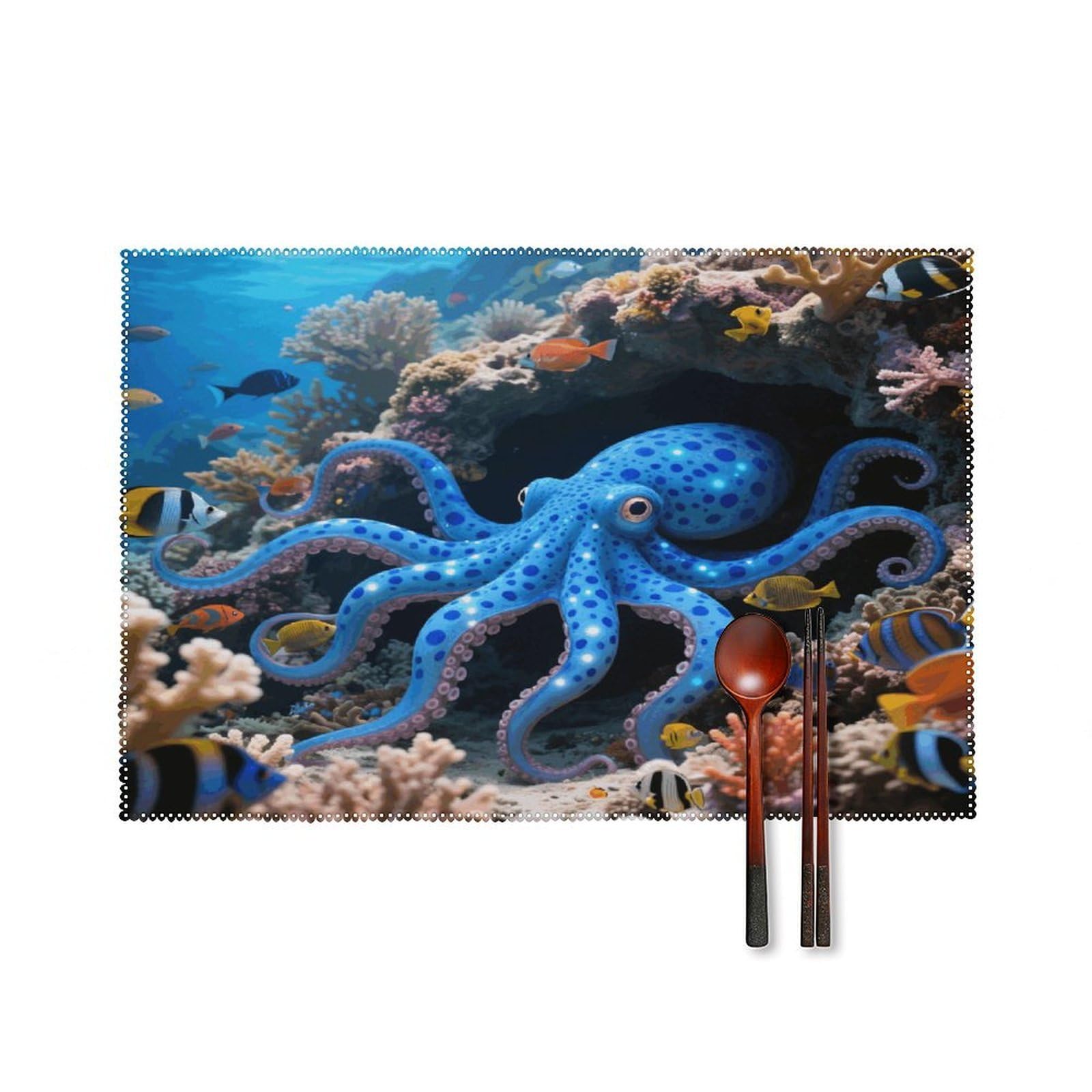 Blue Octopus Placemats Set of 4 Heat Resistant Non-Slip Place Mats for Dining Table Washable Placemat Wipeable Dining Table Mat Canvas Place Mats Dining Table Decor
