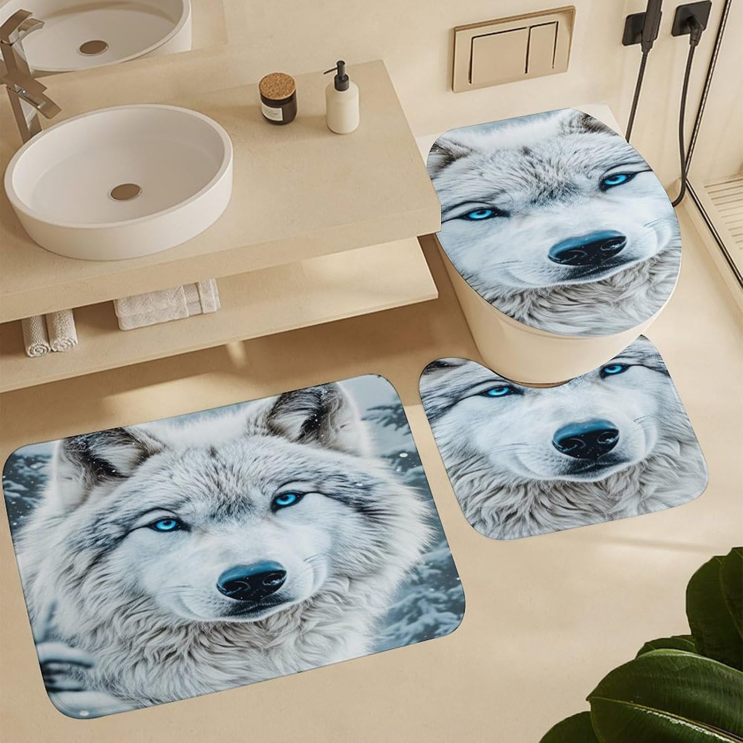 Arctic Wolf Blue Eyes Snowy Forest 4 PCS Bathroom Set with Shower Curtain Rugs, Ultra Soft Coral Fleece Bath Mat, U-Shaped Rug, Toilet Lid Cover, 72" X 72"