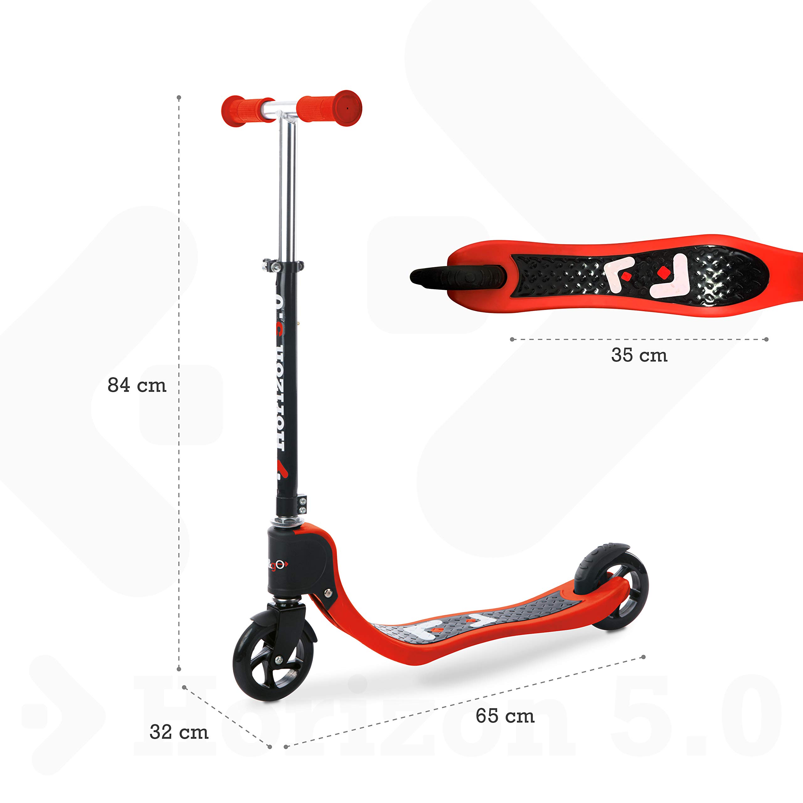 Mondo On & Go - Horyzont 5.0 skuter 2 aluminiowe koła - koła PP i uchwyty TPR - tylny hamulec bezpieczeństwa - kolor czerwony