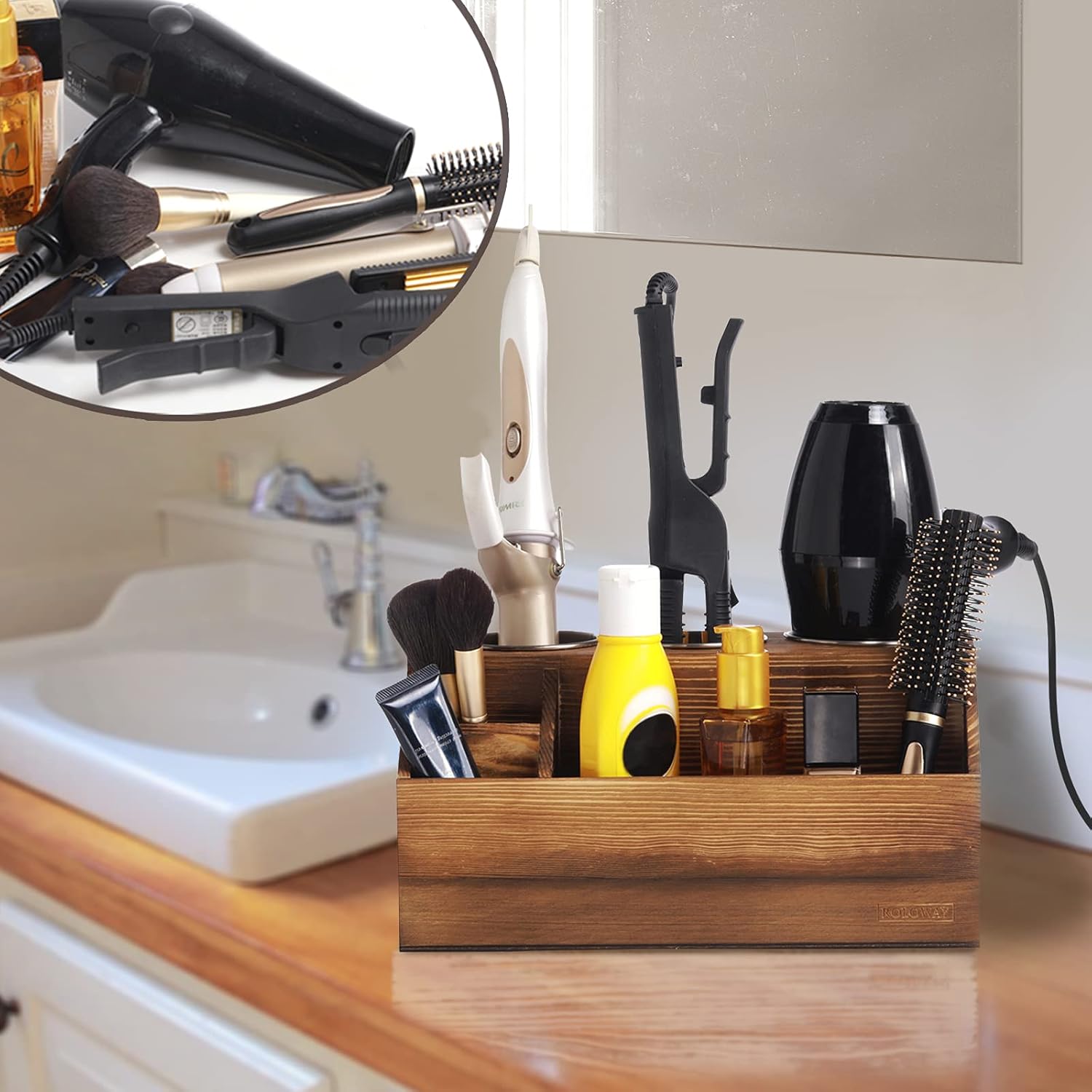 ROLOWAY Wooden Hair Tool Organizer - Blow Dryer Holder - Curling Iron Holder - Flat Iron Holder - Hair Styling Tools & Accessories Organizer - Bathroom Vanity Countertop Organizer (Torched Brown) : Home & Kitchen