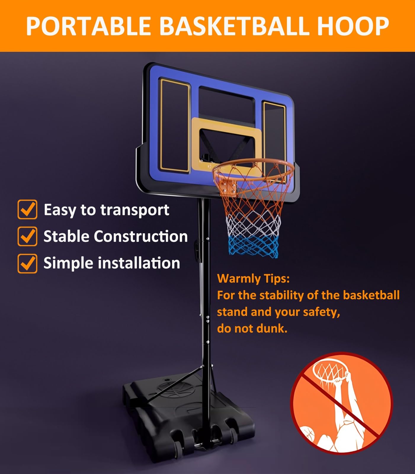 Canasta Baloncesto Exterior Aro De Baloncesto Portátil para Exteriores, Construcción Estable, Base Resistente De HDPE Y Aro De Metal para Patio, Escuela, Fácil De Mover.