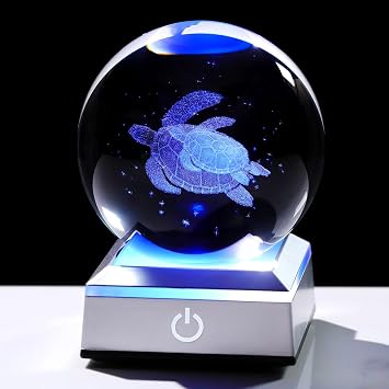 Crystal Ball 3D Sea Turtle with LED Colorful Base, 3.15" Animal Glass Tortoise Turtle Gifts for Women Mom for Mothers Day Christmas Office Home Decor