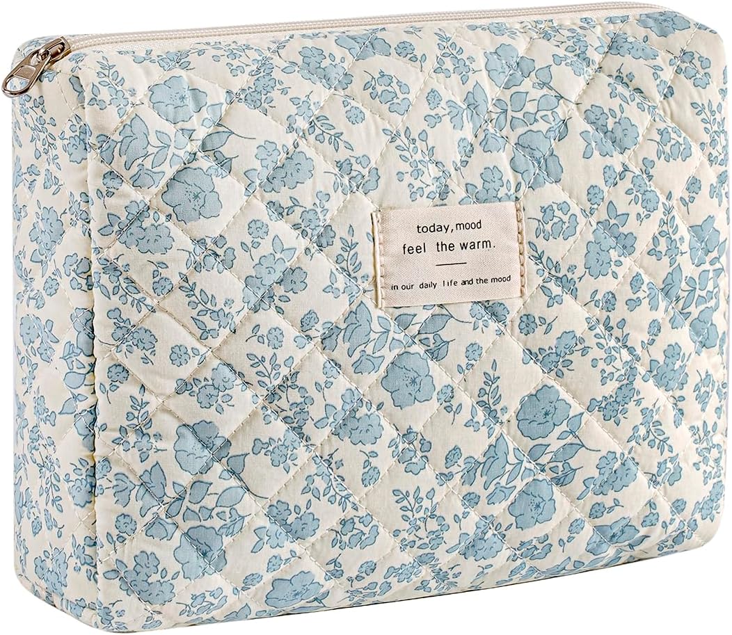 uekeboag Quilted Cotton Makeup Bag,Coquette Quilted Toiletry Bag for Women and Girls,Floral Coquette Pouch,Cute Kawaii Travel Cosmetic Bags(05Light Blue Flower) - Image 2