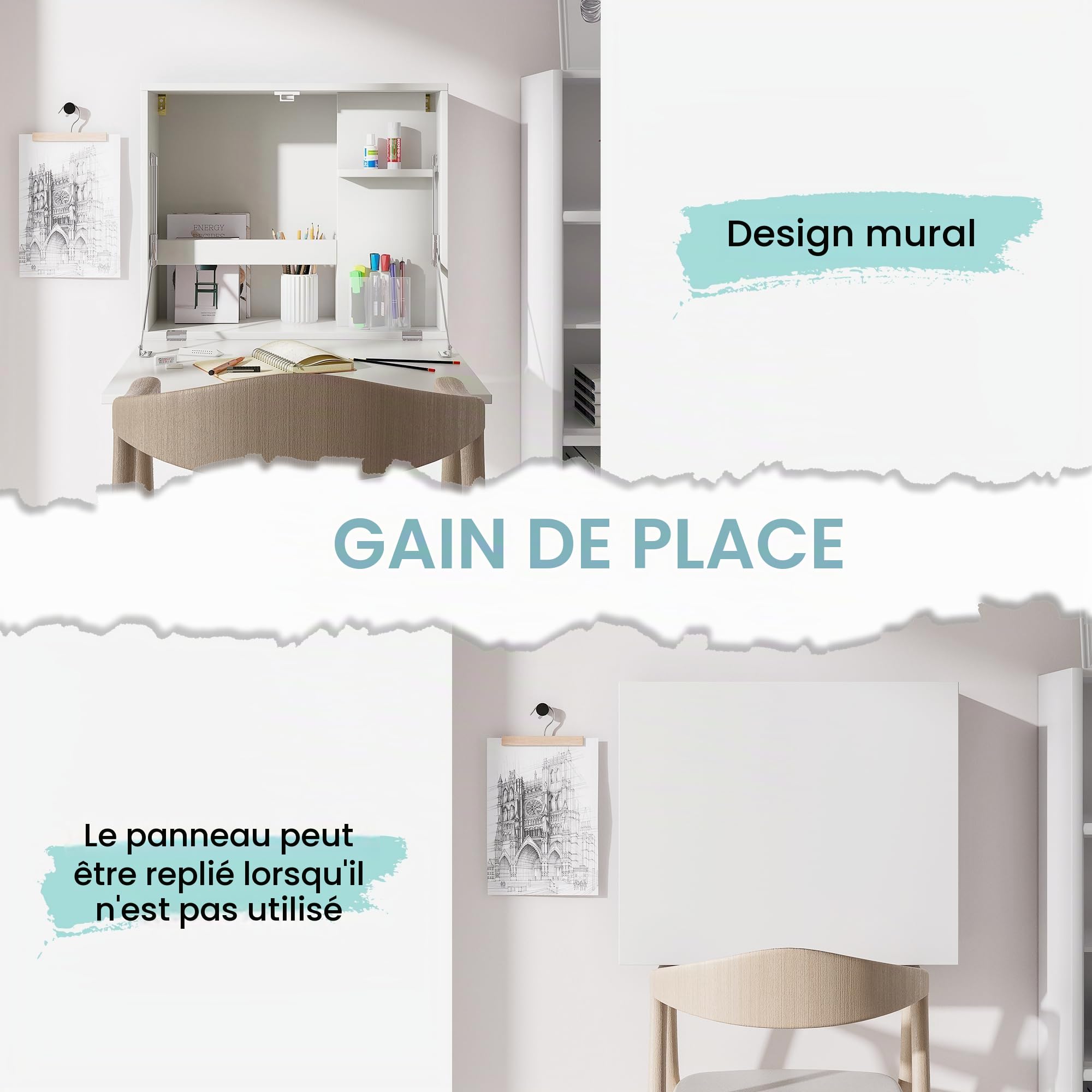 HOMCOM Bureau mural pliant gain de place 60x21,5x50 cm Blanc