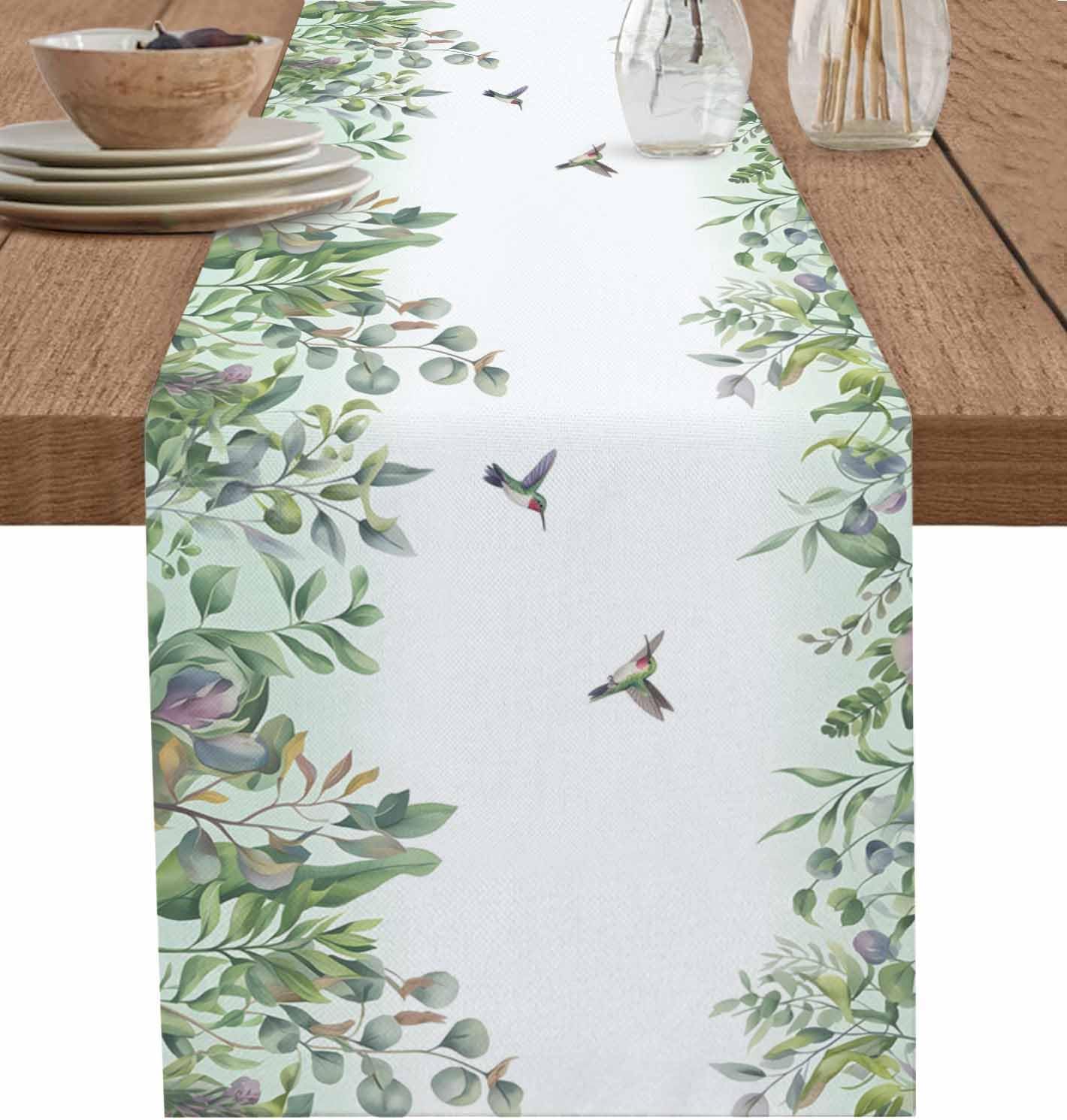 Table Runners-120 Inch Long,Watercolor Eucalyptus Leaf Bird Linen Dresser Scarves Dining Table Runner Sage Green White Tabletop Scarf for Home Kitchen Holiday Party Decor