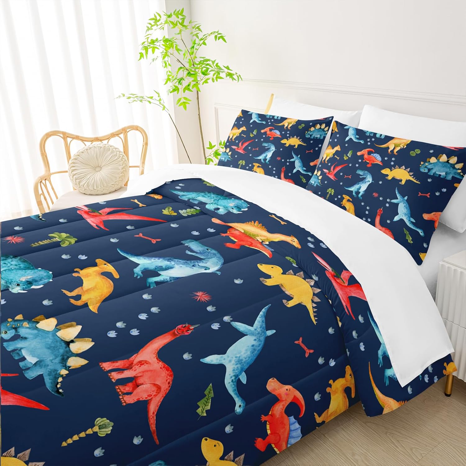 QOOMO 7 Pieces Cartoon Dinosaur Kids Comforter Set Twin Size Cute Dino Printed Bedding Set for Boys Girls Bedroom Decor Dark Blue Dinosaur 7pcs Bed in a Bag with Comforter, Sheets and Pillowcases