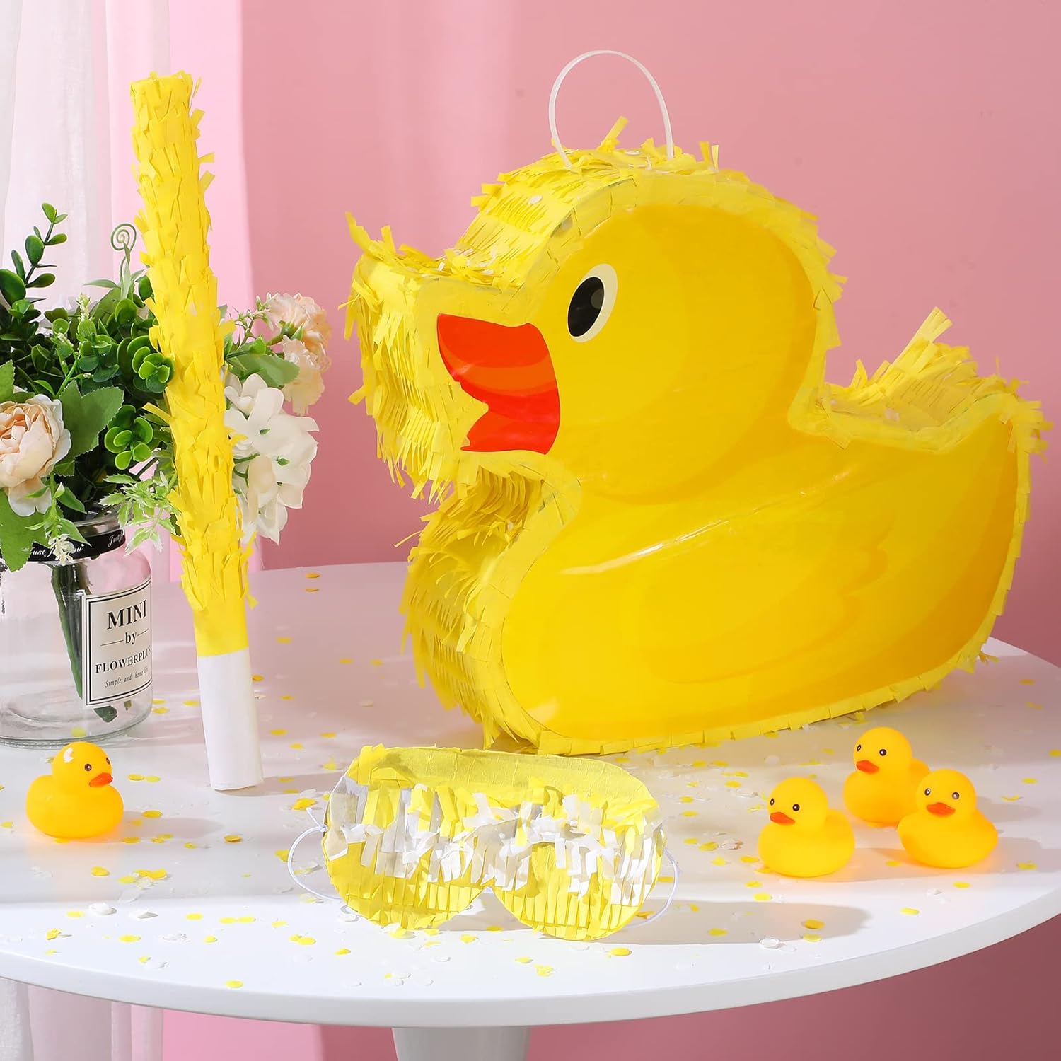 Sotiff Yellow Duck Piñata 13.8 Inch Cute Duck with Piñata Stick Blindfold Gender Reveal Confetti for Boy Girl Baby Shower Beach Pool Birthday Easter Party Decorations
