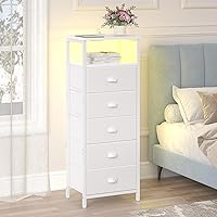 Vista 2 de Nightstand with Charging Station,LED White Nightstands with 5 Fabric Drawers PU Finish, Bedside End Tables, 2-Tier Open Storage Shelf Side Table