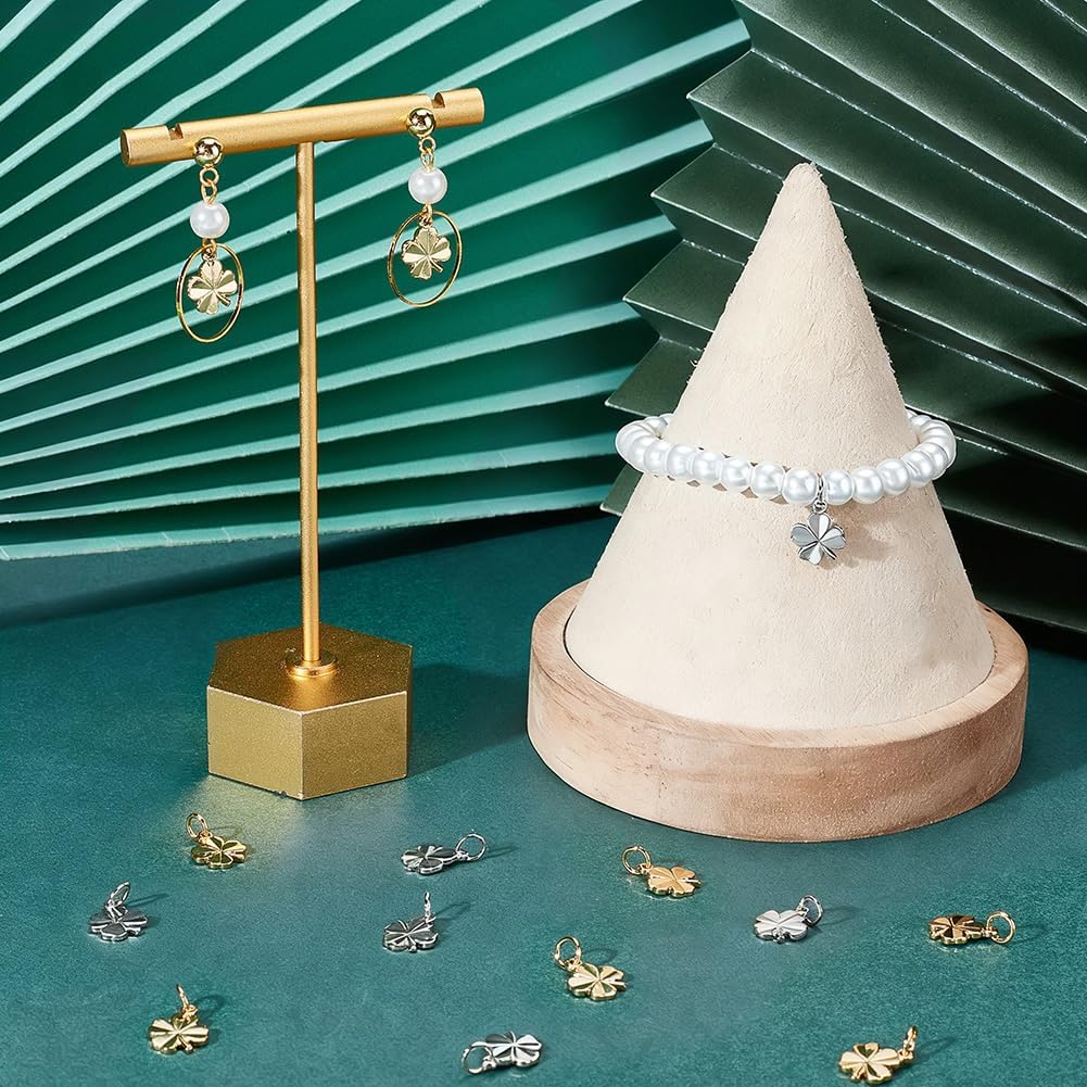 Beebeecraft 40Pcs 2 Colors Four Leaf Clover Charms 18K Gold & 925 Sterling Silver Plated Brass Metal Shamrock Luck Charm for Jewelry Making DIY Crafts Necklace Bracelet Earring