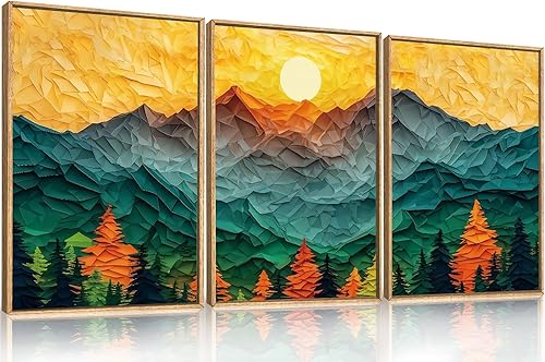 Miniatura 23 de Juego de Arte de Pared de Lienzo Enmarcado de Montaña del Bosque, Pintura de Pared de Cresta Abstracta, Decoración de Pared de Paisaje de Puesta de