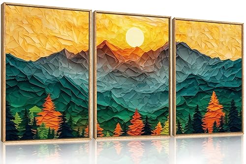 Abstract Mountain Framed Canvas Wall Art Set, Forest Pine Tree