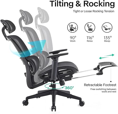 Miniatura 4 de Silla de oficina ergonómica, silla de juegos de respaldo alto con reposapiés, silla de escritorio de oficina en casa grande y alta, silla de