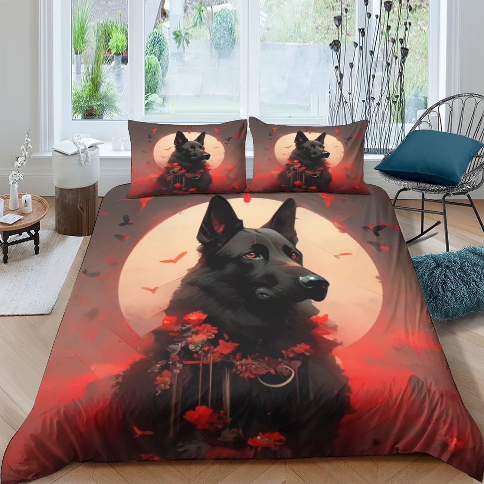 Housse de couette chien de lune parure 3 pièces respirante en microfibre super douce