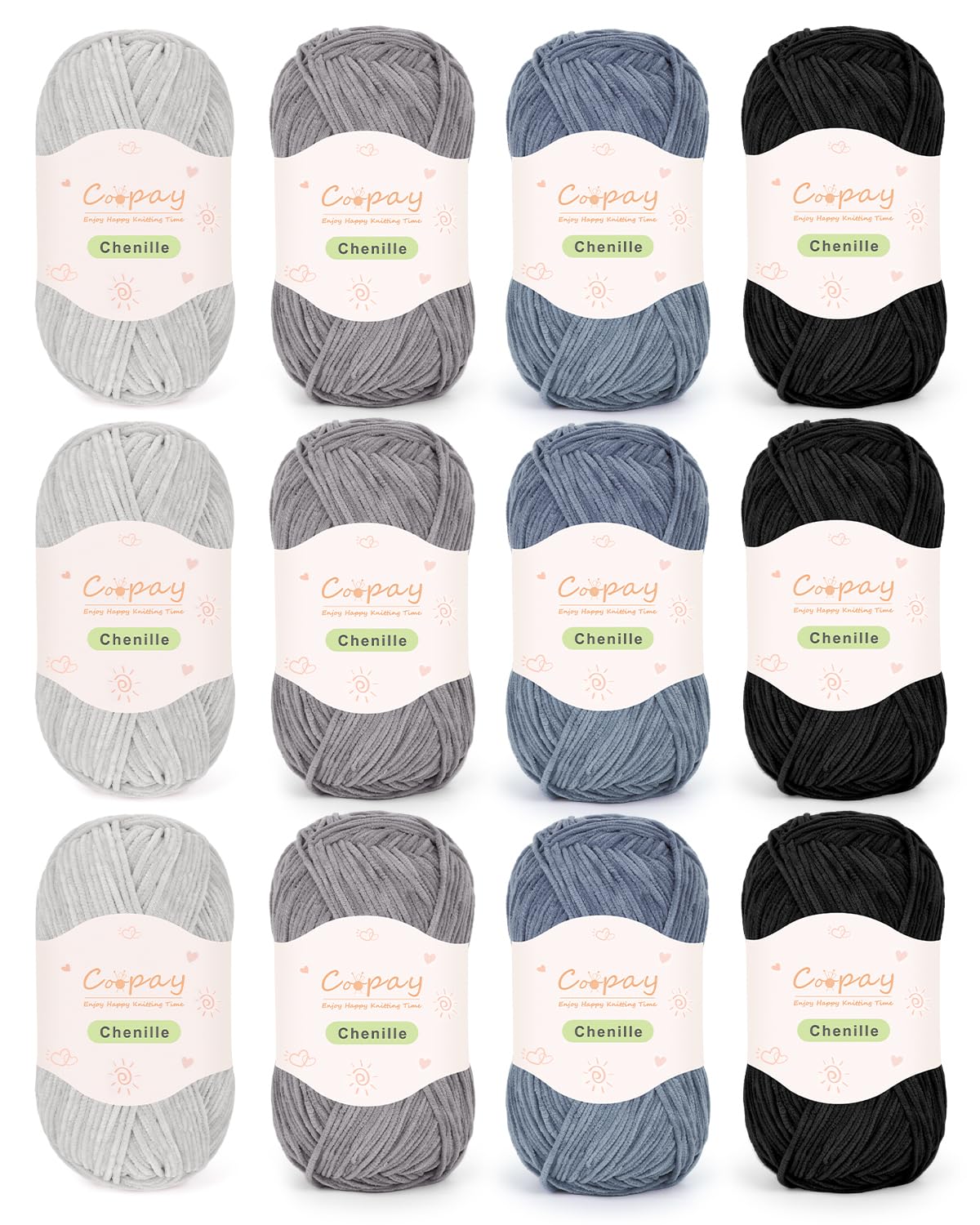Coopay Chenille Yarn 600g(12×50g), Skinny Chenille Yarn for Crocheting and Knitting, Soft Velvet Thin Crochet Yarns Set for Knitting Blankets, Plush Dolls, Scarves, Socks & DIY Crafts, Gray & Black — image 1