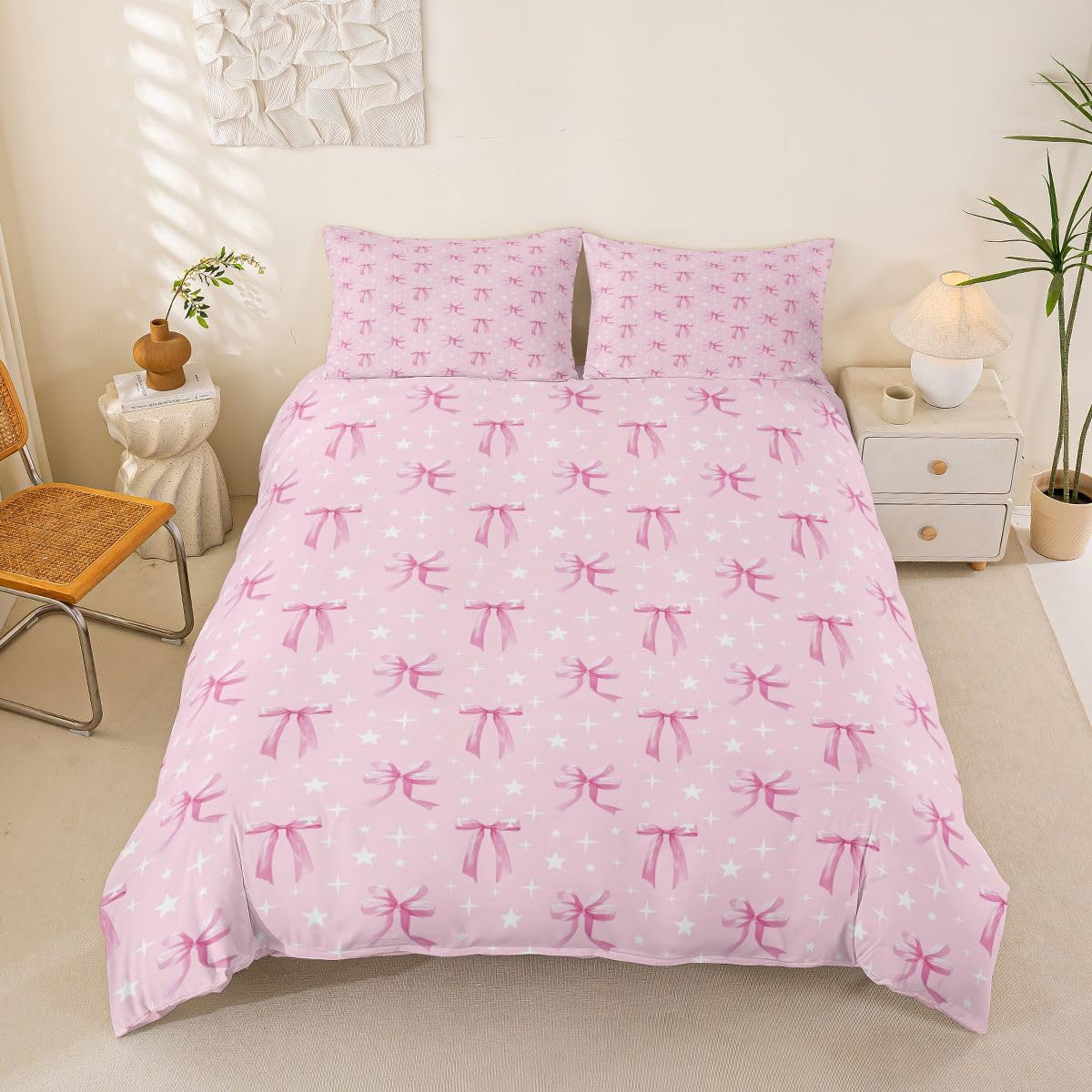 Homewish Set di biancheria da letto per letto super king size con fiocco rosa con fiocco e fiocco con stelle glitterate