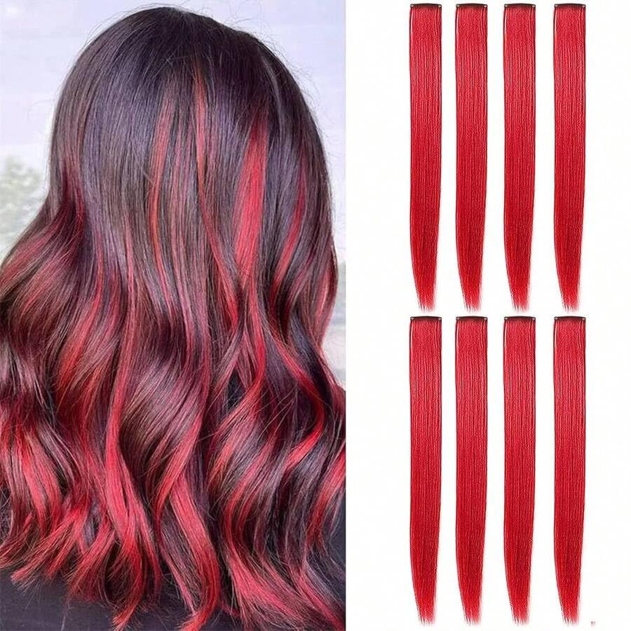 BEING BELLA 8 Pcs Vibrant Red Synthetic Hair Extensions - Eye-Catching Color Highlights, 1 Clip - Set of 8 Pieces"-image-38