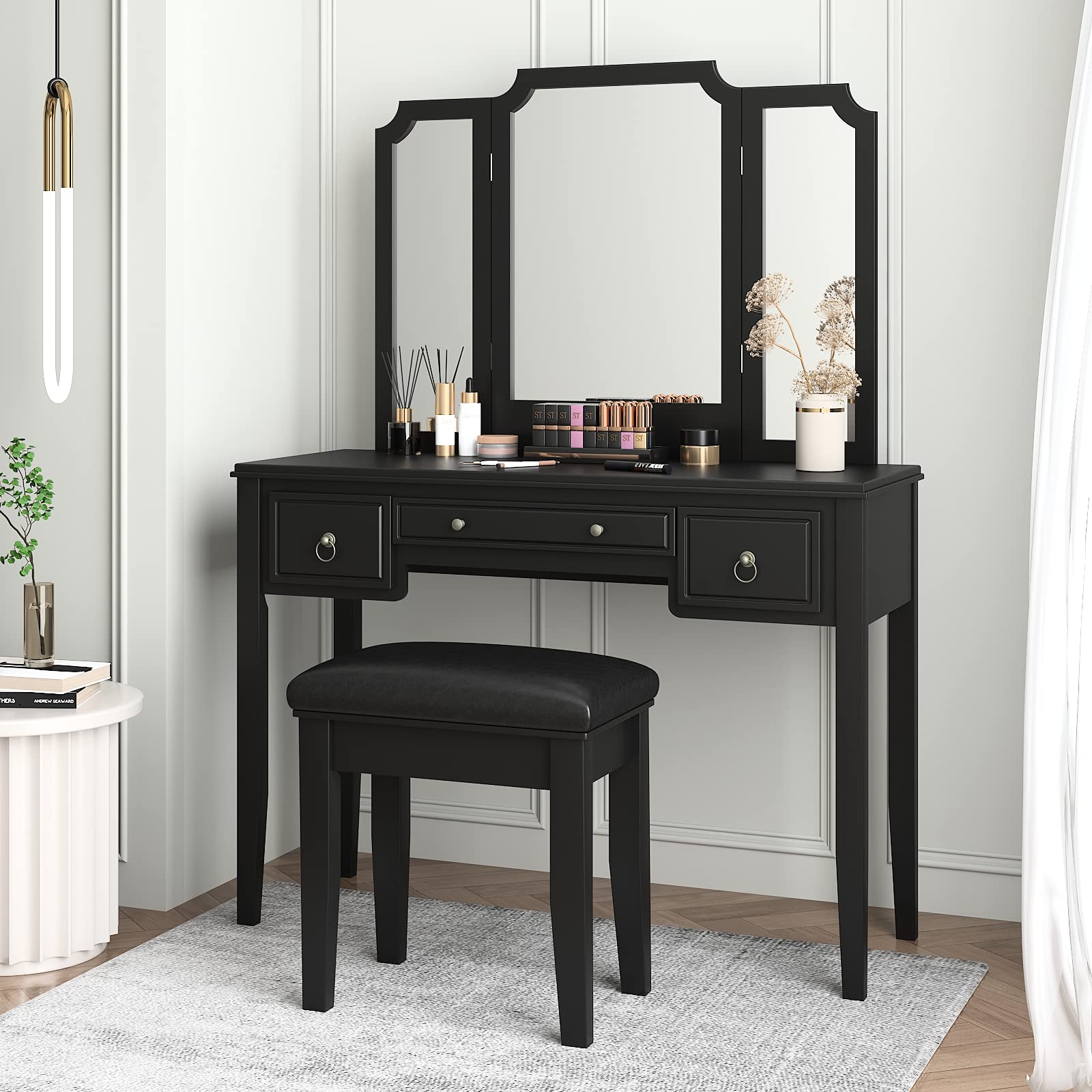 Allewie Makeup Vanity Table, Large Desktop Vanity with Bench, Tri