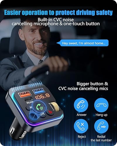 Miniatura 4 de LENCENT Transmisor FM Bluetooth 5.0 para coche, PD 20 W + QC 3.0 Cargador USB, adaptador de radio de música, micrófono inalámbrico y sonido de