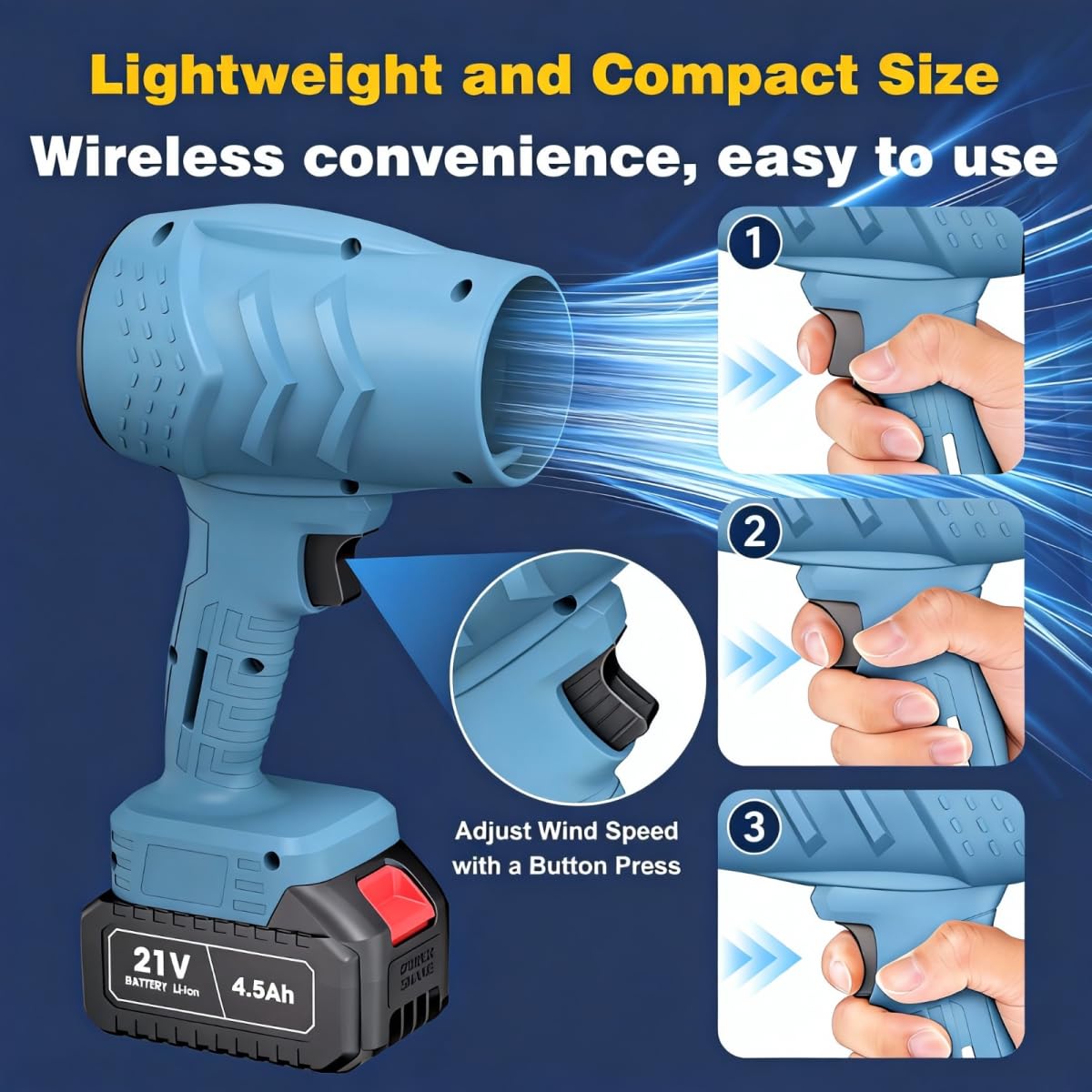 Soffiatore elettrico portatile leggero da 21 V, con 2 batterie, 380000 batteria, per soffiare foglie, turbo jet per pulizia portico e patio, pulizia garage e piccoli lavori (blu)