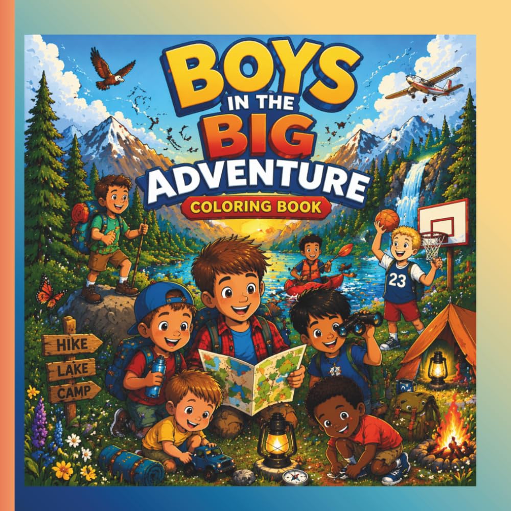 BOYS IN THE BIG ADVENTURE COLORING BOOK: Fun and Easy Coloring Pages for Kids AGES 3-11 Action, Exploration, and Imagination