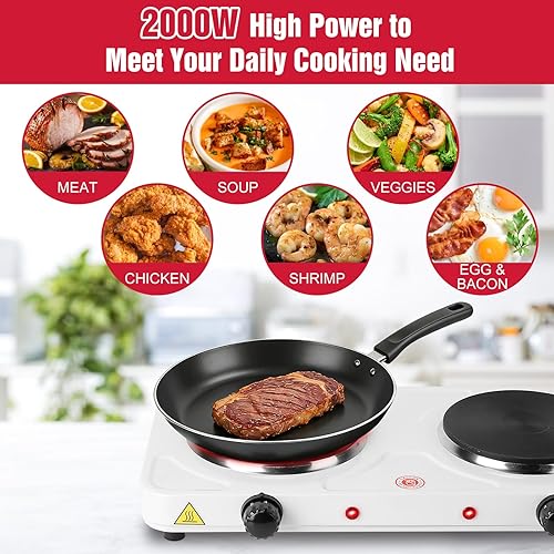 Miniatura 3 de Encimera eléctrica doble quemador, placa de cocina de 2000 W con placa caliente de hierro fundido, control de temperatura de 5 niveles, fácil de