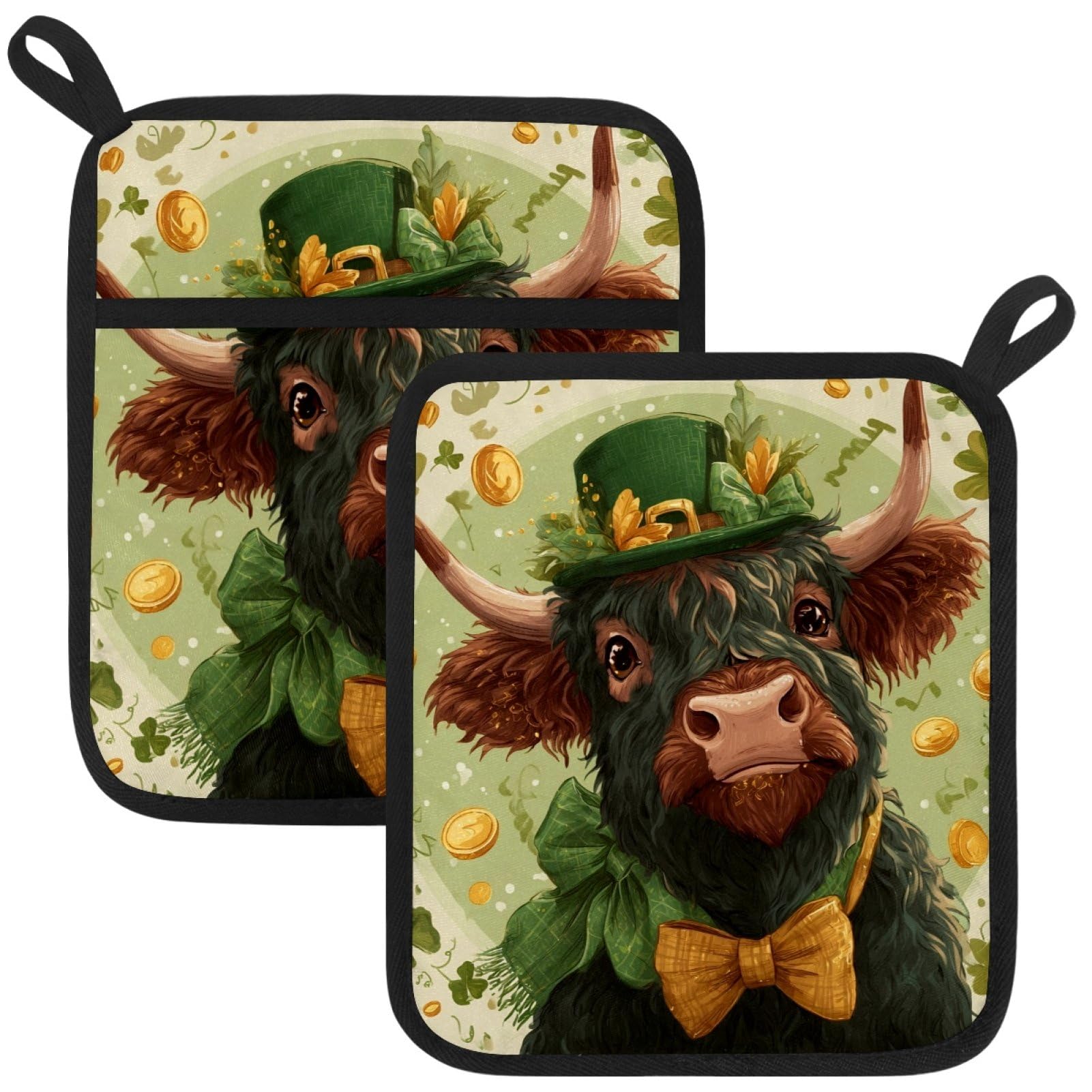 VAPOKF St Patricks Day Cow Heat Resistant Pot Holders, Thick Pot Holders Pad with Hanging Loop for Kitchen, Oven Cloth Pads for Kitchen Baking Microwave Oven