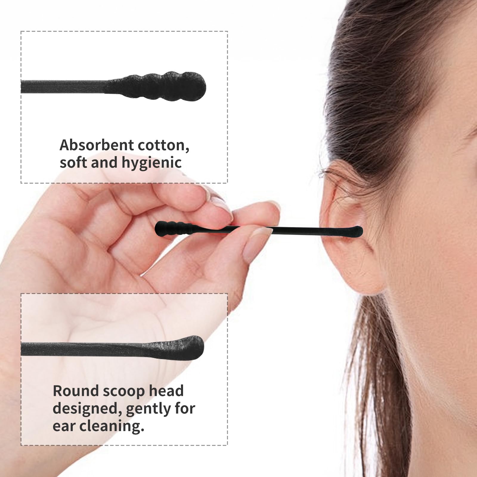 T&K 160 Pack Black Disposable Cotton Buds, Double Ended Scoop & Spiral, Lint-Free, Eco Paper Stick - Image 2