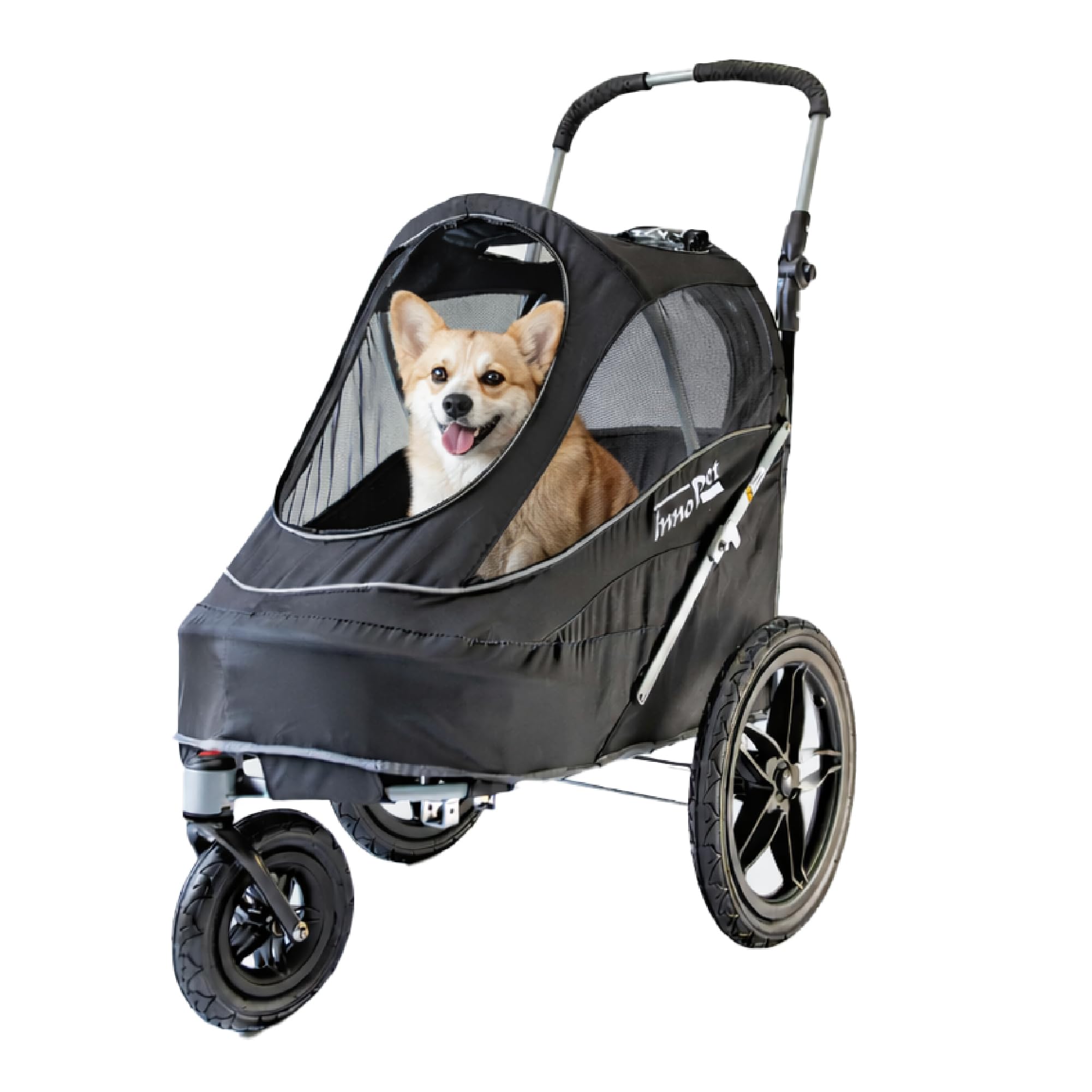 InnoPet Sporty EVR Hundebuggy Hundewagen Trailer - für jedes Gelände - robuste Gummiräder wie Luftreifen - plattfußfrei inkl. Regenhaube - schwarz