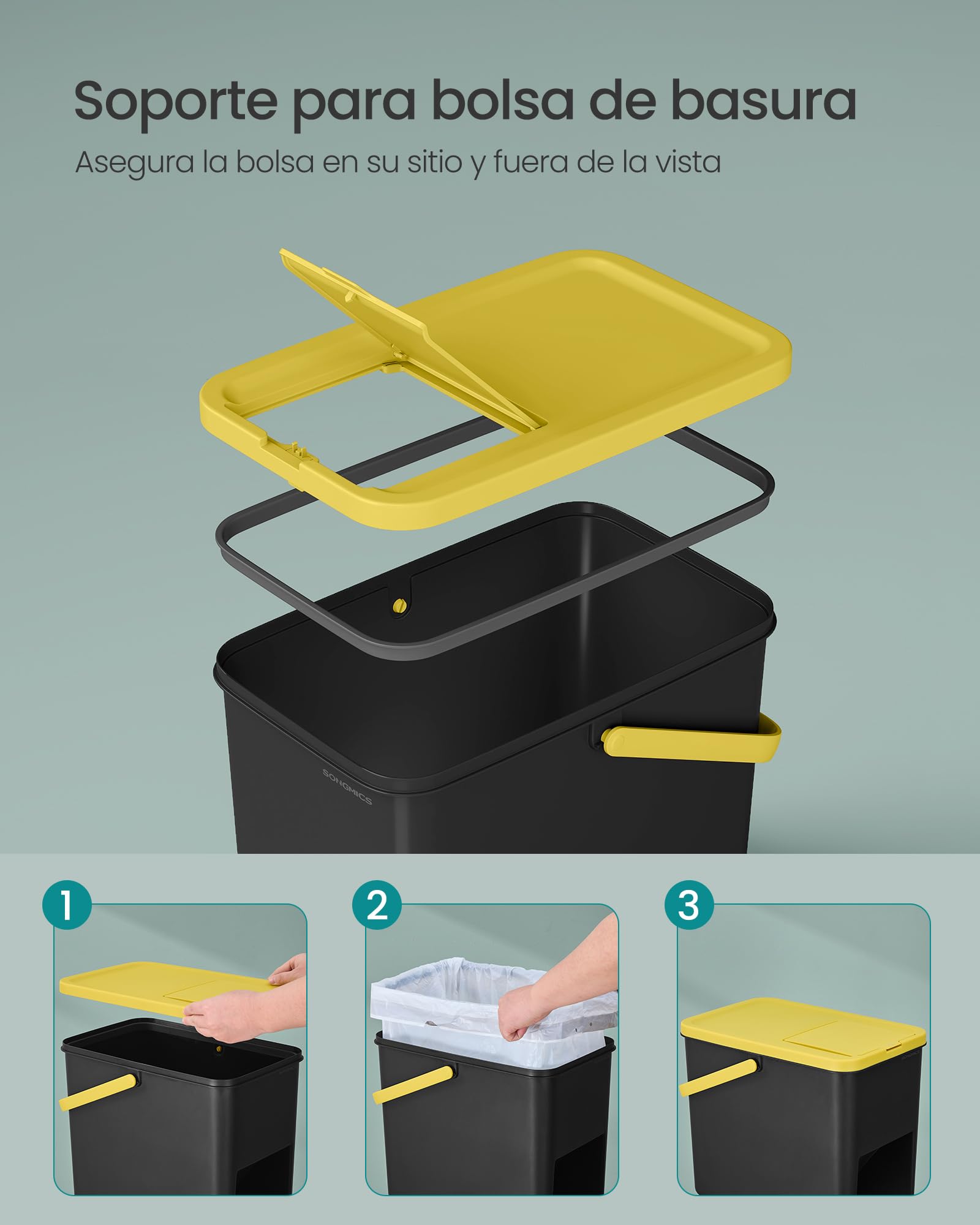 SONGMICS Cubo de Basura, Juego de 4 Cubos Apilables, Papeleras, 20 L Cada, Sistema de Separación Residuos, Tapas Apertura a Presión, Pegatinas, Almacenaje, Amarillo, Azul, Marrón y Verde LTB760BZ01