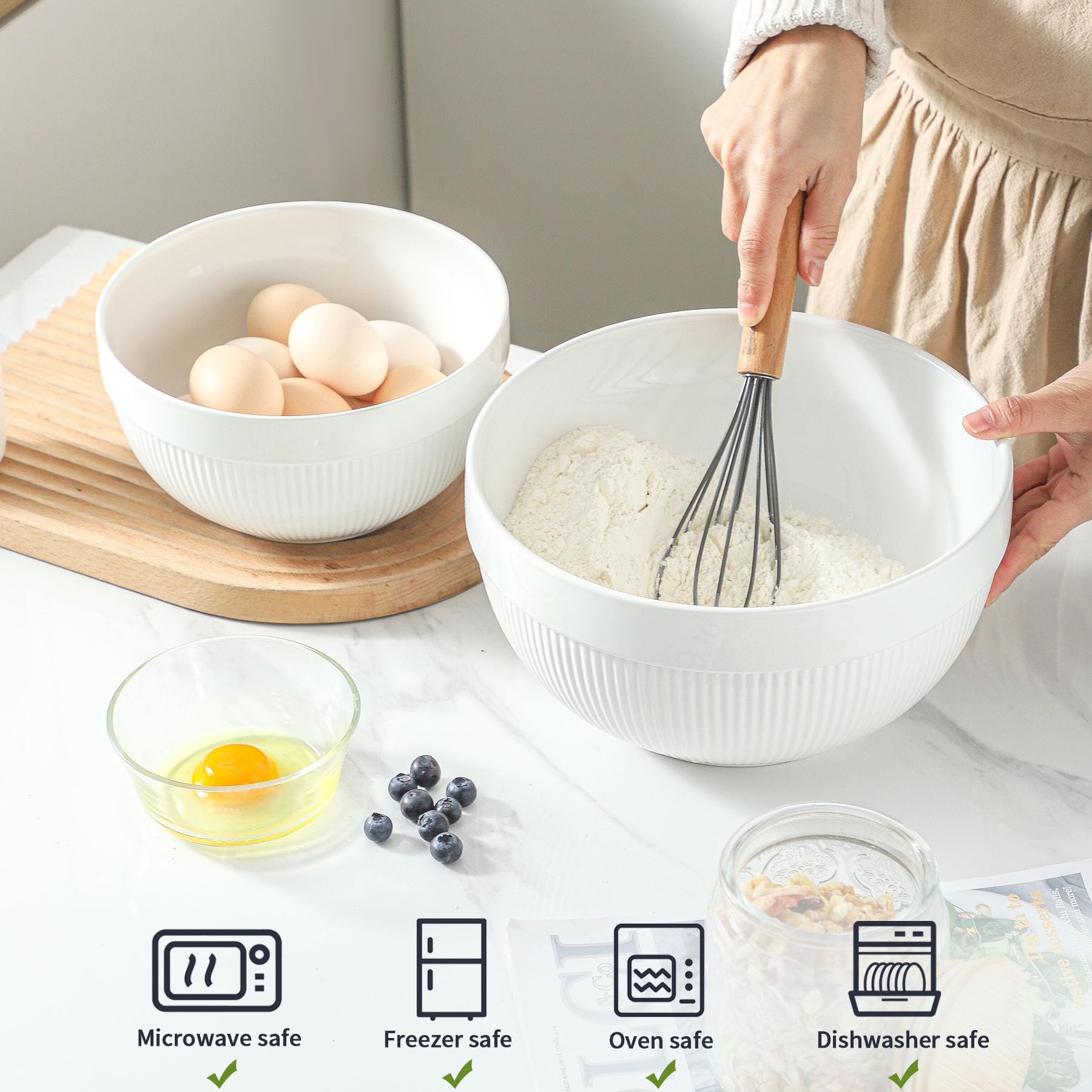 Cuencos grandes de cerámica para mezclar, juego de 2 cuencos apilables para cocinar, servir, palomitas de maíz, ensalada