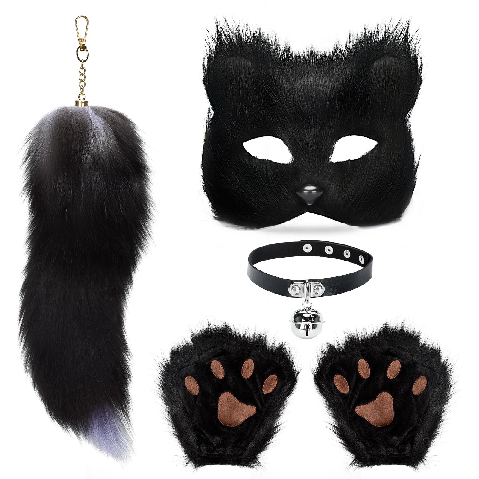 Sponsored Ad - BADALU Therian Mask and Tail Set for Girls Halloween Furry Fox mask Wolf tail Cat Costume Leather Choker Faux Fur tail Cosplay Party