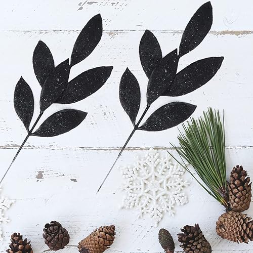 Miniatura 10 de 16 hojas artificiales con purpurina de 13.8 pulgadas, plantas falsas de ramas de flores, hojas de árbol de Navidad, rellenos en aerosoles para